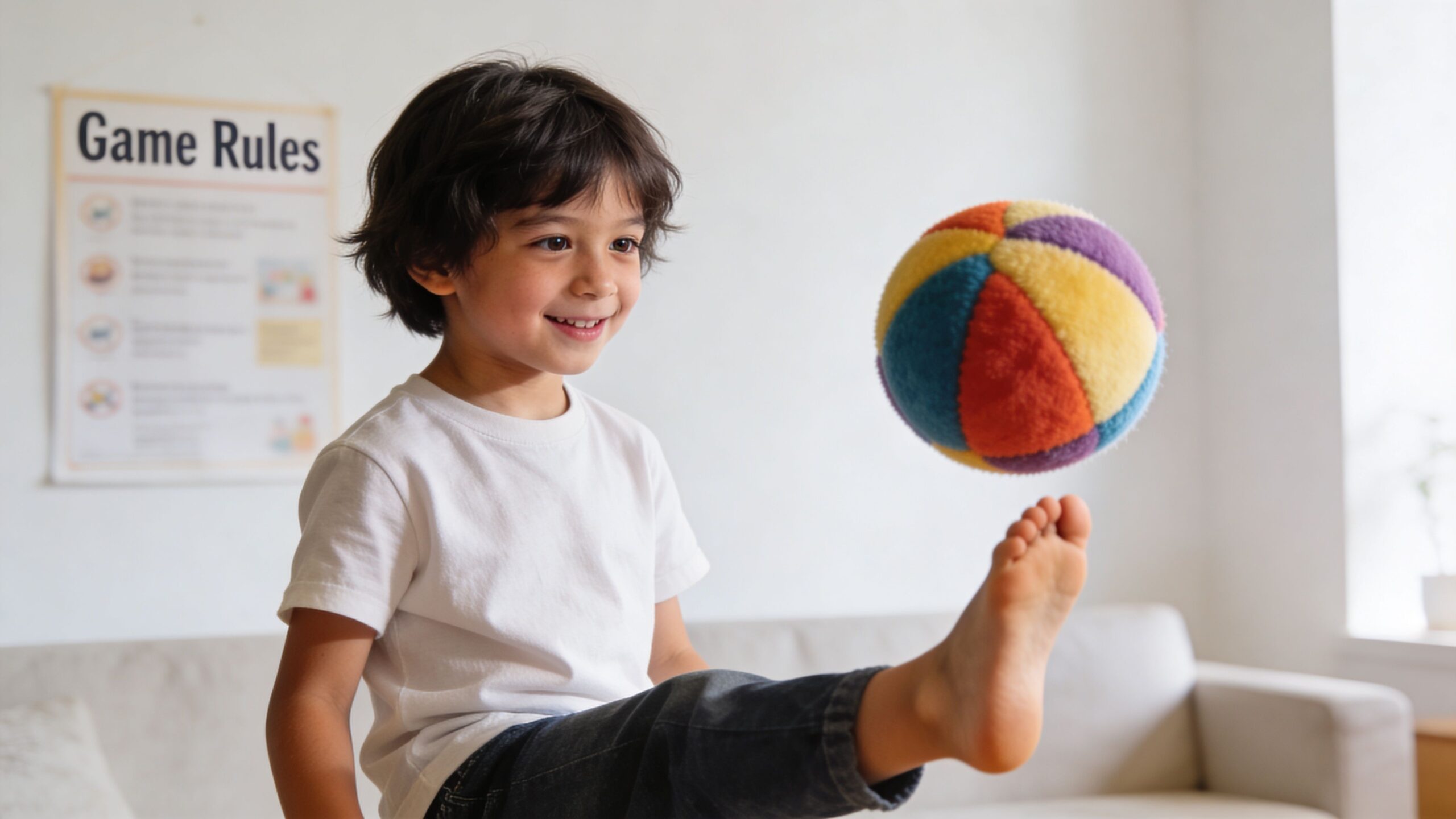 A young boy smiling while practicing a keepy uppy trick with a colorful ball in his living room.