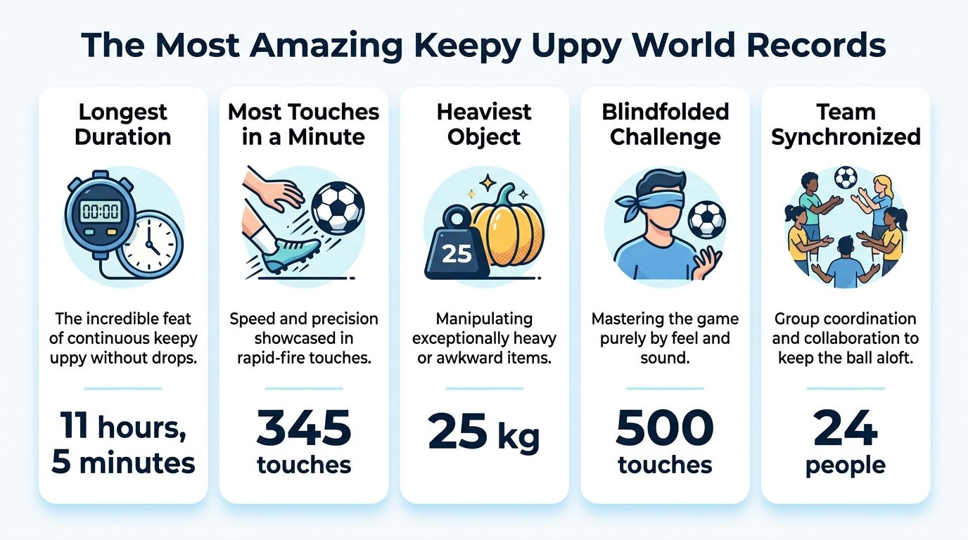 An infographic detailing five impressive keepy uppy world records including duration, speed, weight, blindfolded, and team challenges.