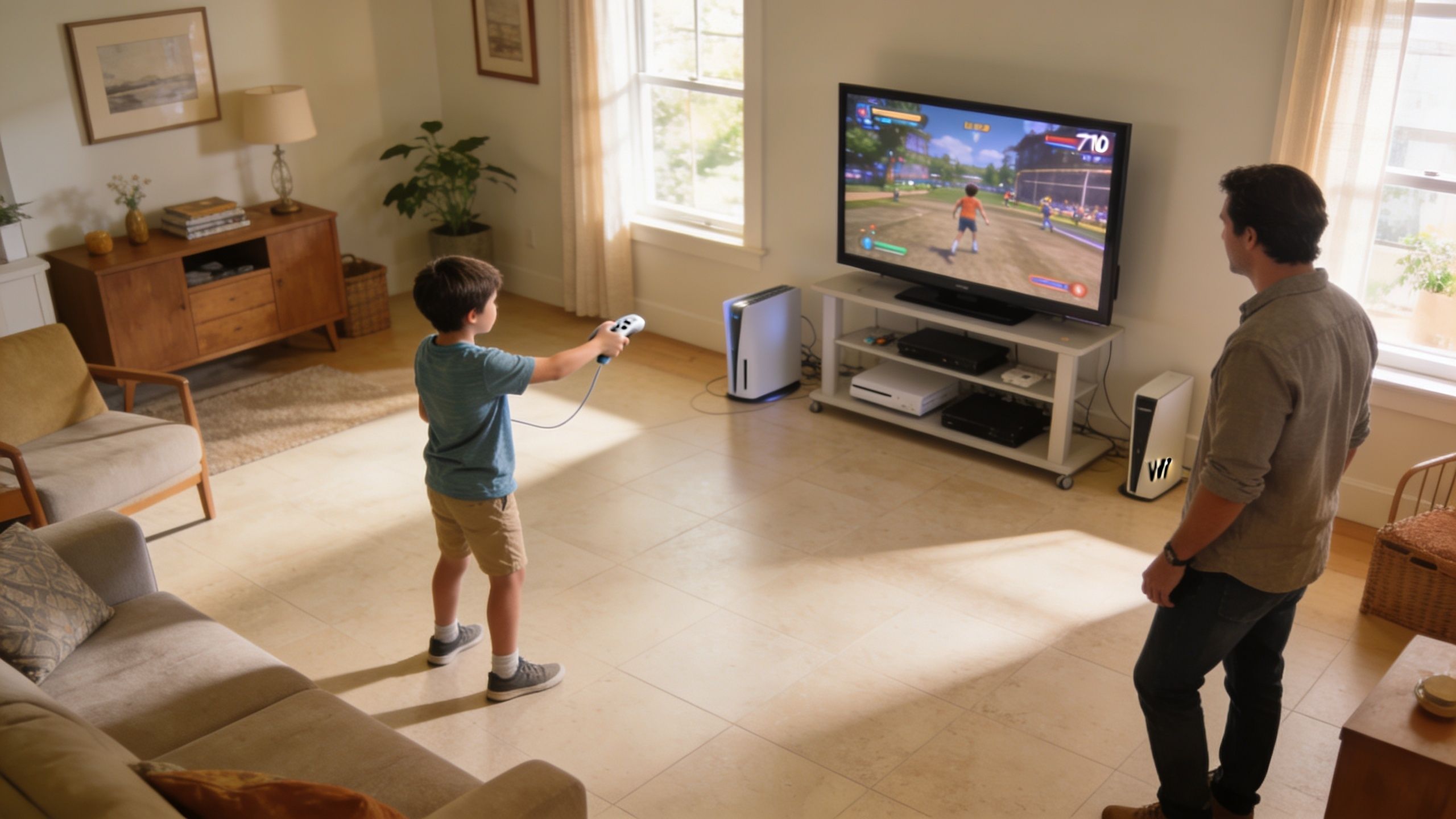 A father and son playing a motion-controlled sports video game together in a bright, modern living room.
