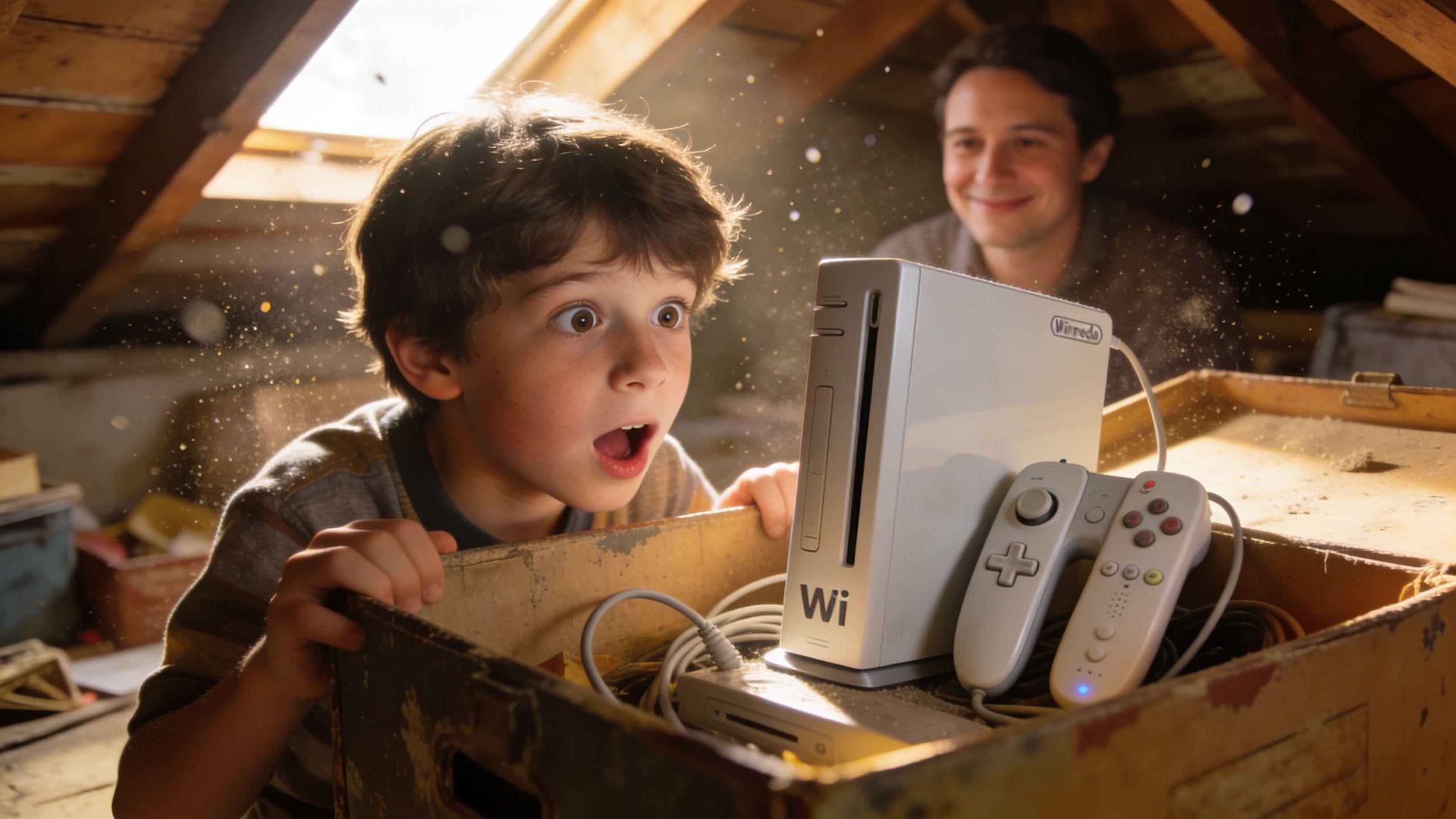 A young boy with an excited expression discovers an old Nintendo Wii console inside a dusty attic box.
