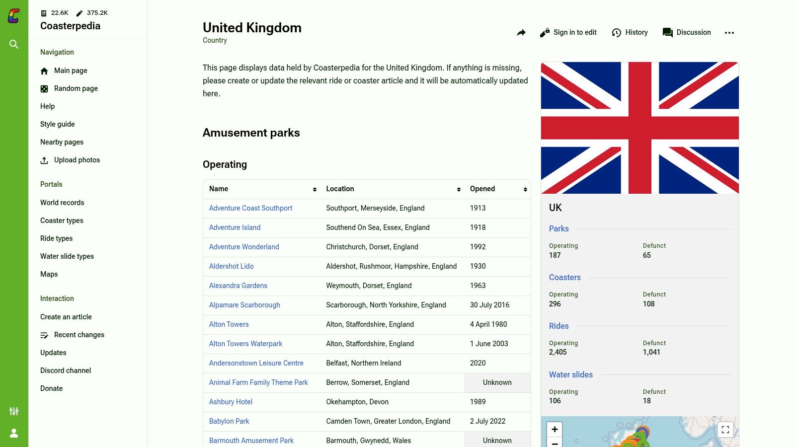 RCDB interface for a map of theme parks in the UK with coaster locations