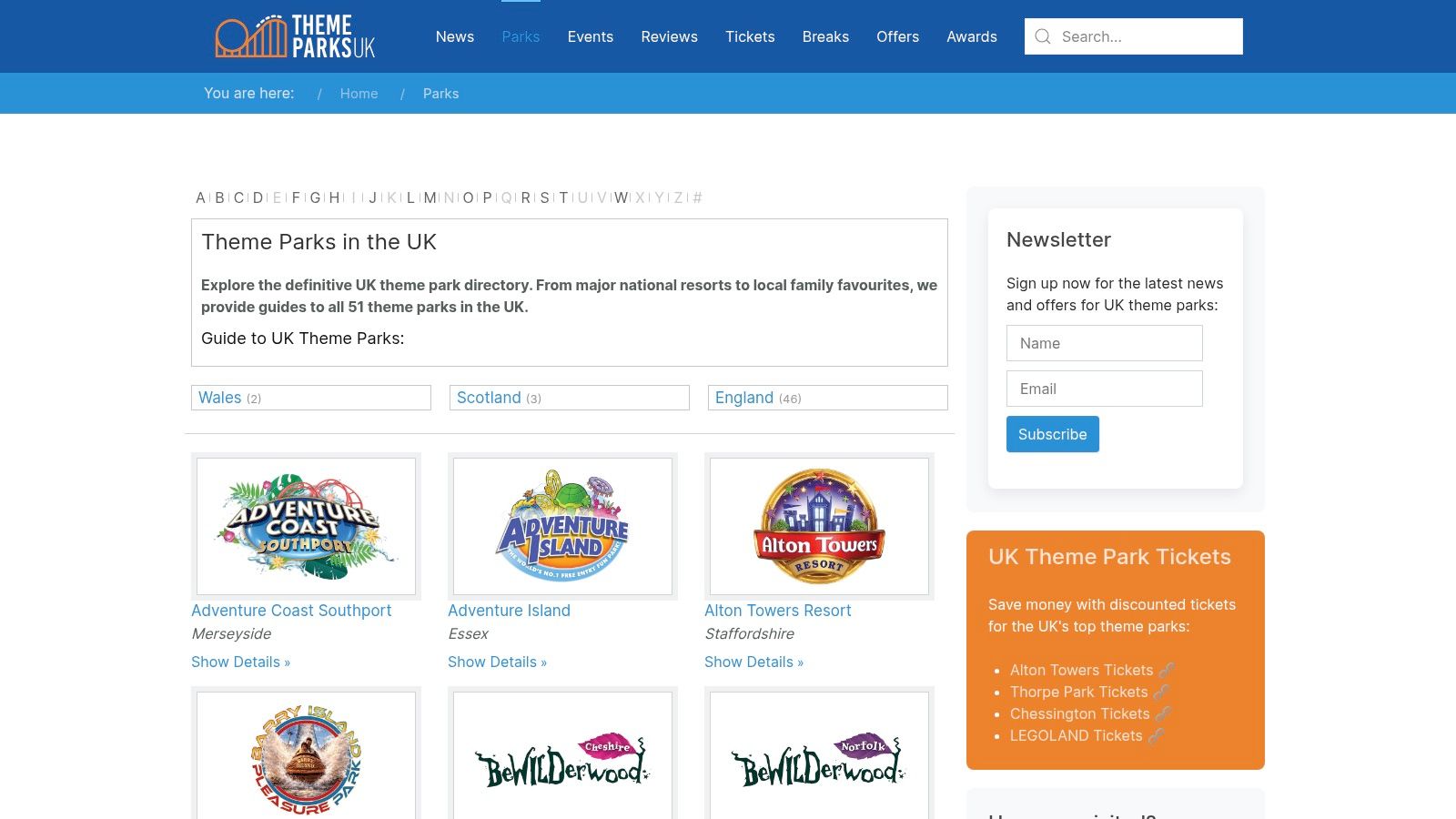 Google Maps category search showing a map of theme parks in the UK