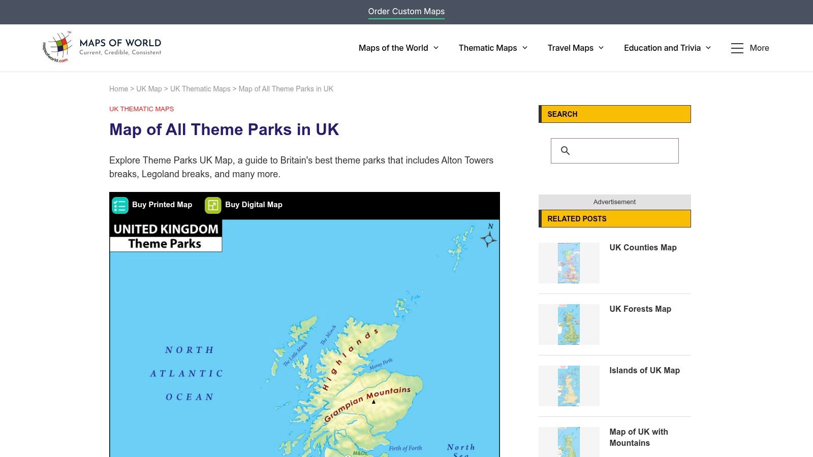 Maps-UK printable locator map of theme parks in the UK