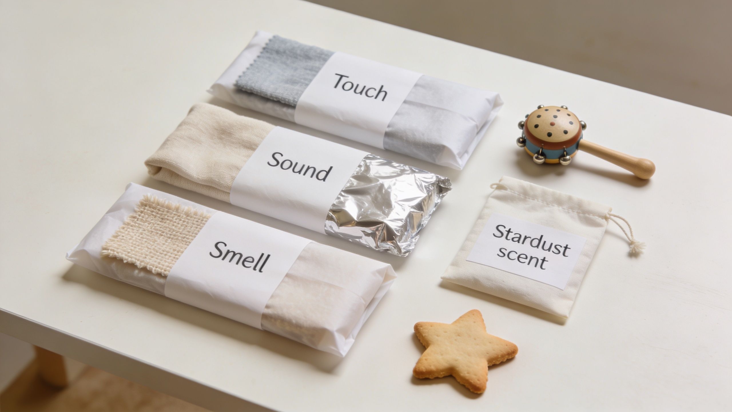 A sensory play game with mystery wrapped packages labeled for touch, sound, and smell on a table.