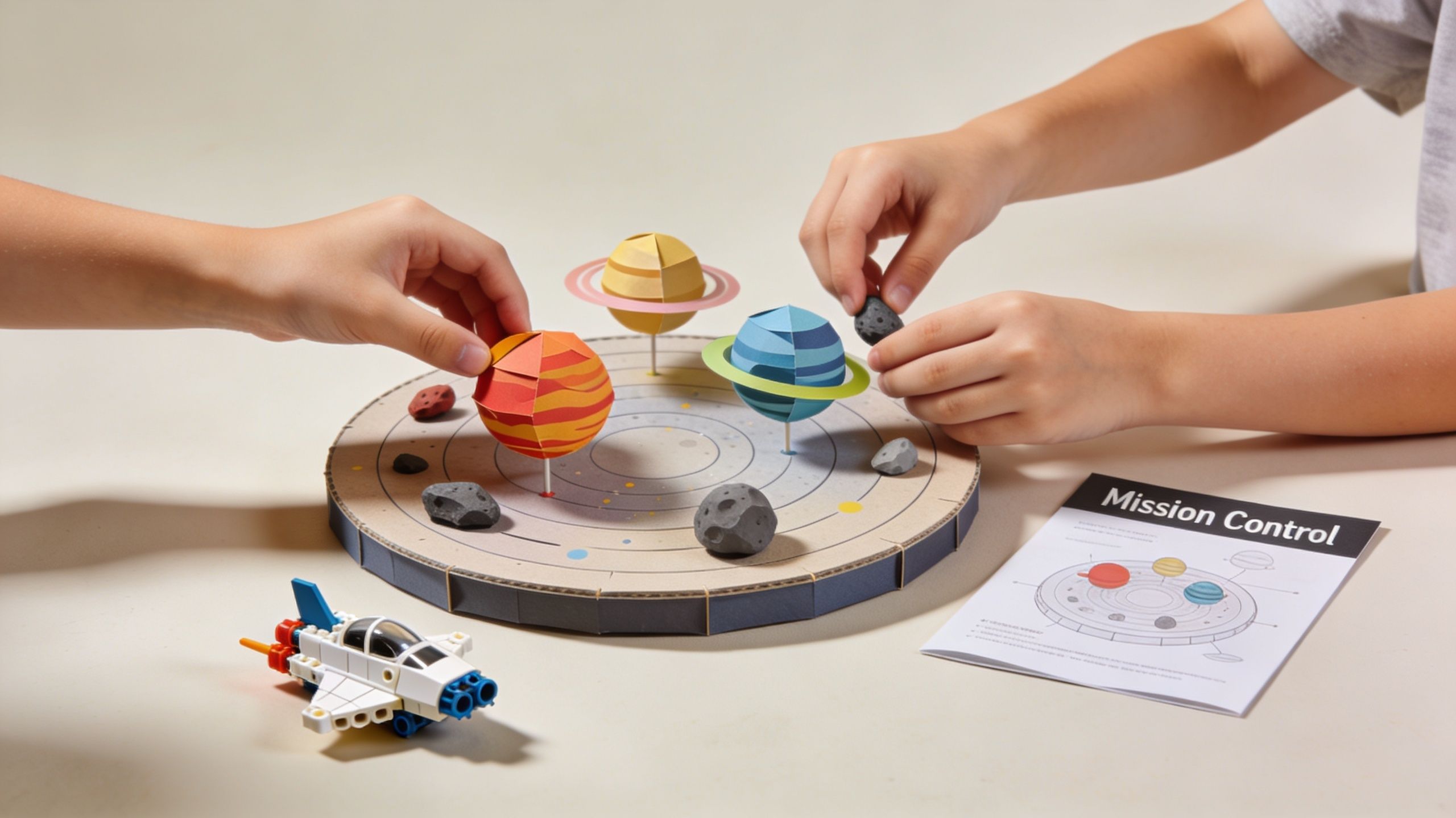 Two children assemble a paper solar system model on a table with a small spaceship toy nearby.