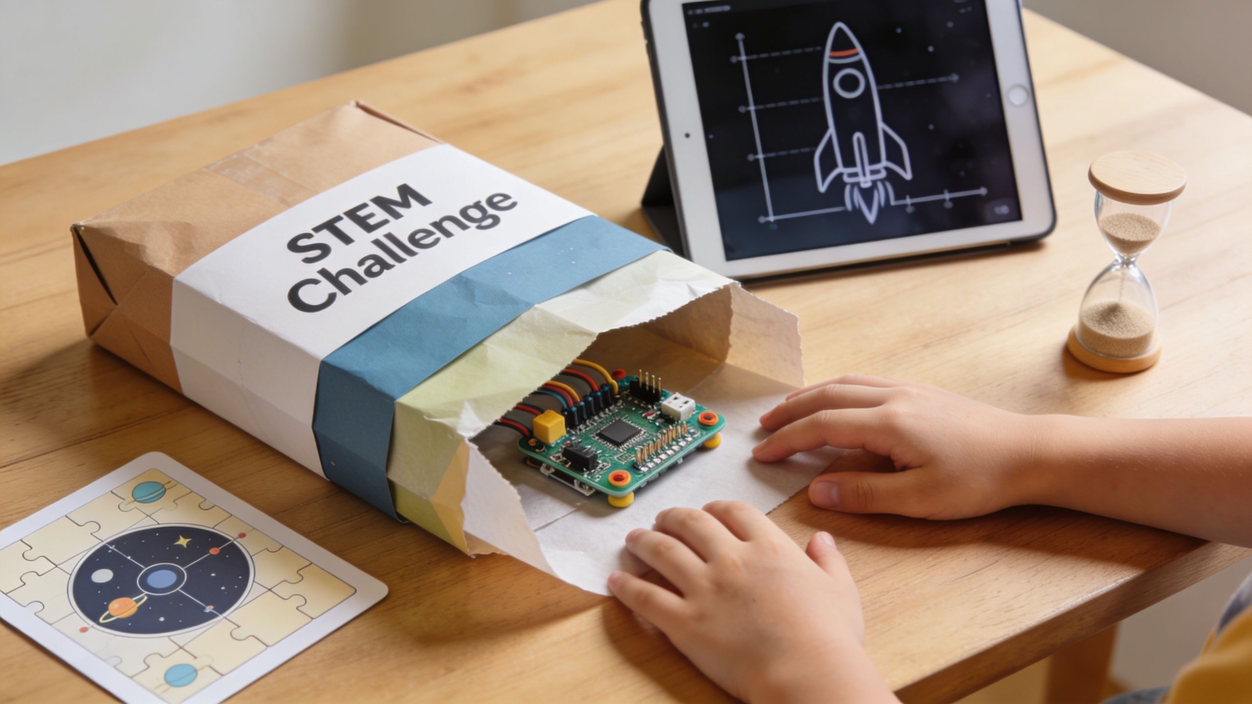 A child explores a STEM challenge kit containing electronic components, a rocket tablet, and puzzle pieces.