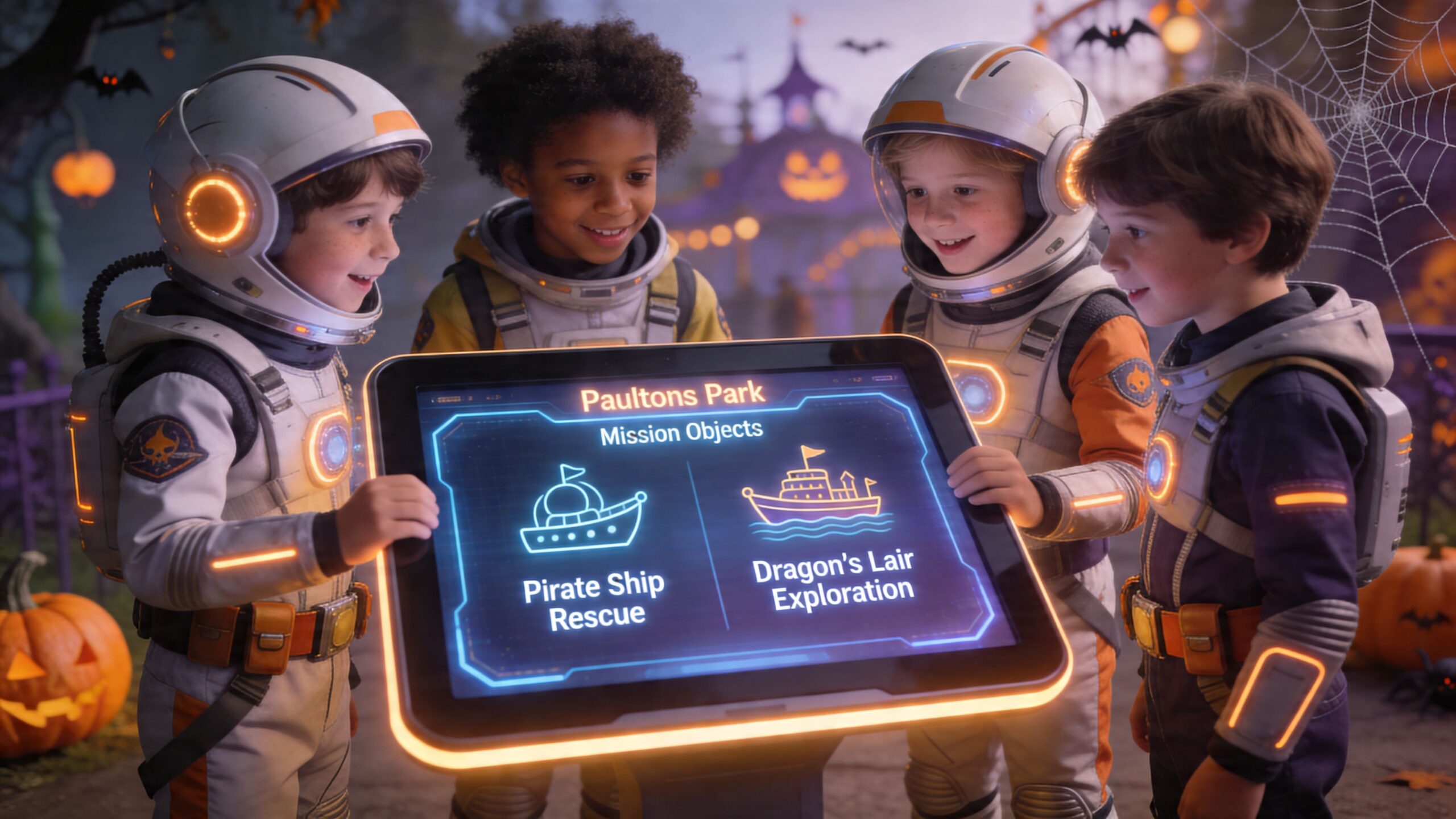 Four children in astronaut costumes viewing a digital mission map at Paultons Park during a Halloween celebration.