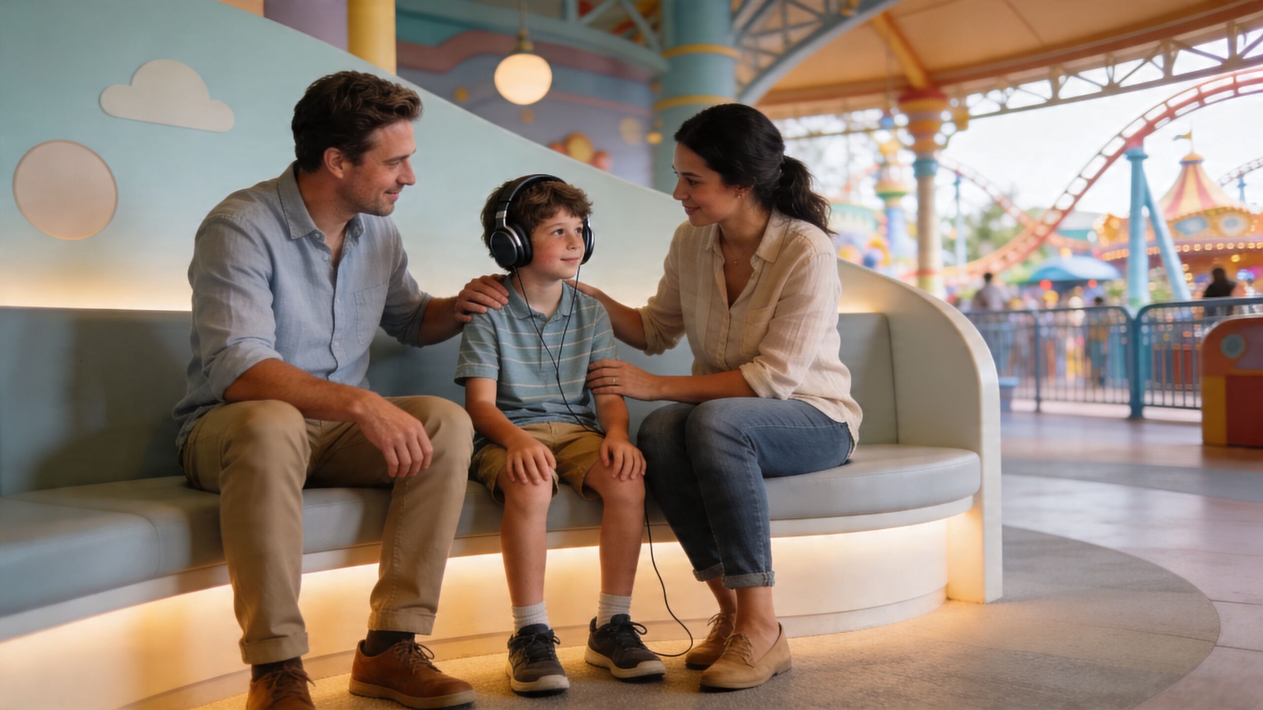 A family of three sitting together on a bench at an amusement park while the child wears headphones.