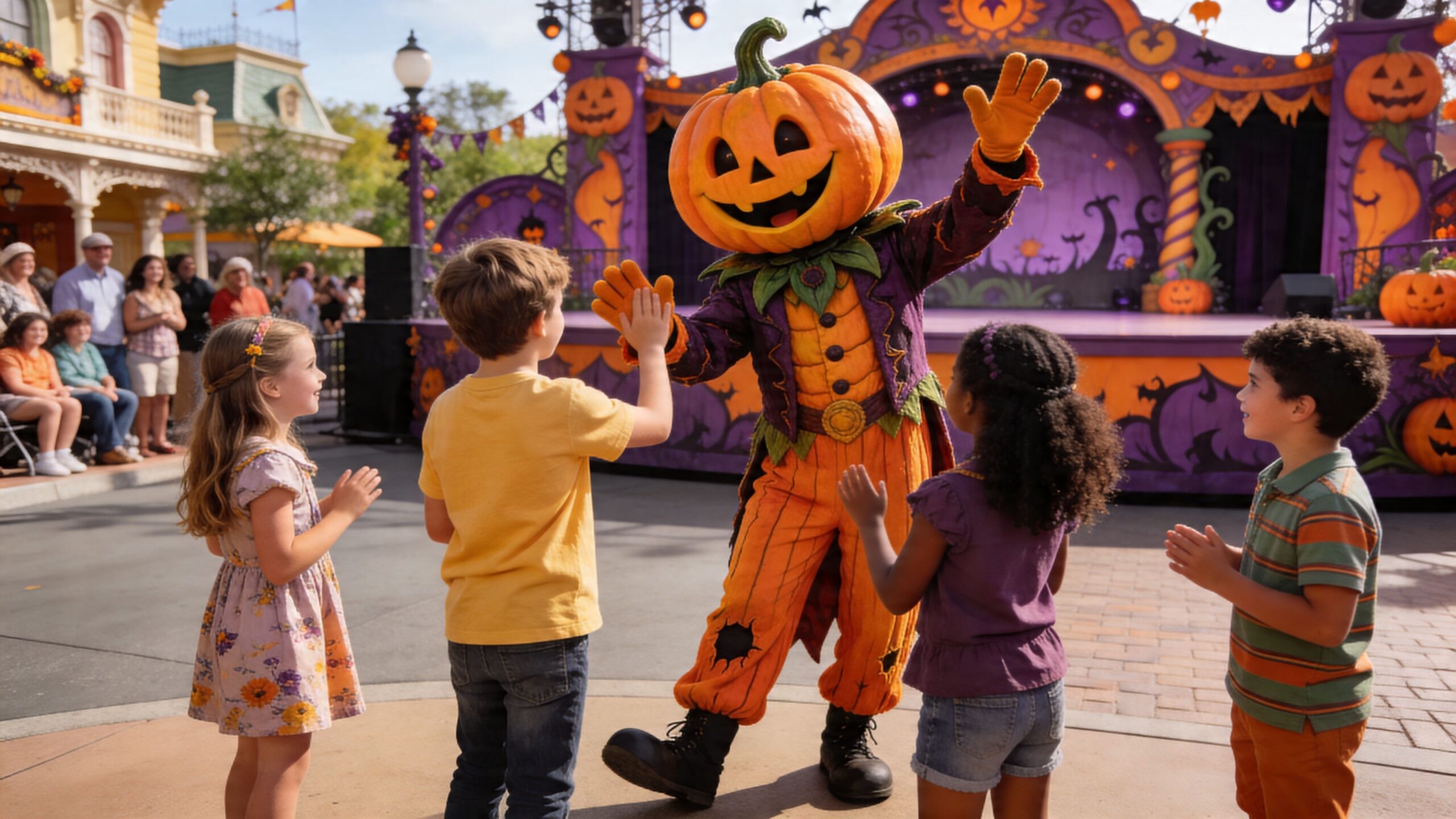 A mascot wearing a giant pumpkin head costume greets children with a high five at Halloween park.