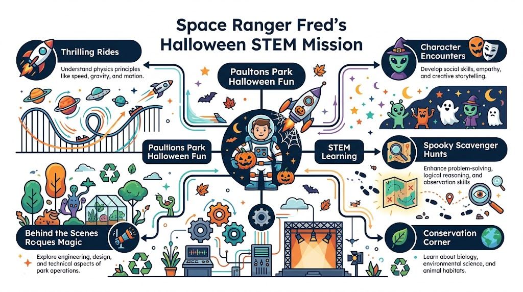 An infographic titled Space Ranger Fred's Halloween STEM Mission detailing educational activities at Paultons Park.