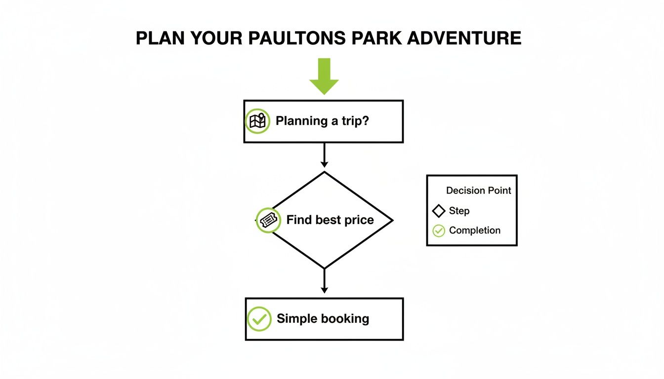 A flowchart detailing the steps to plan and book a Paultons Park adventure.