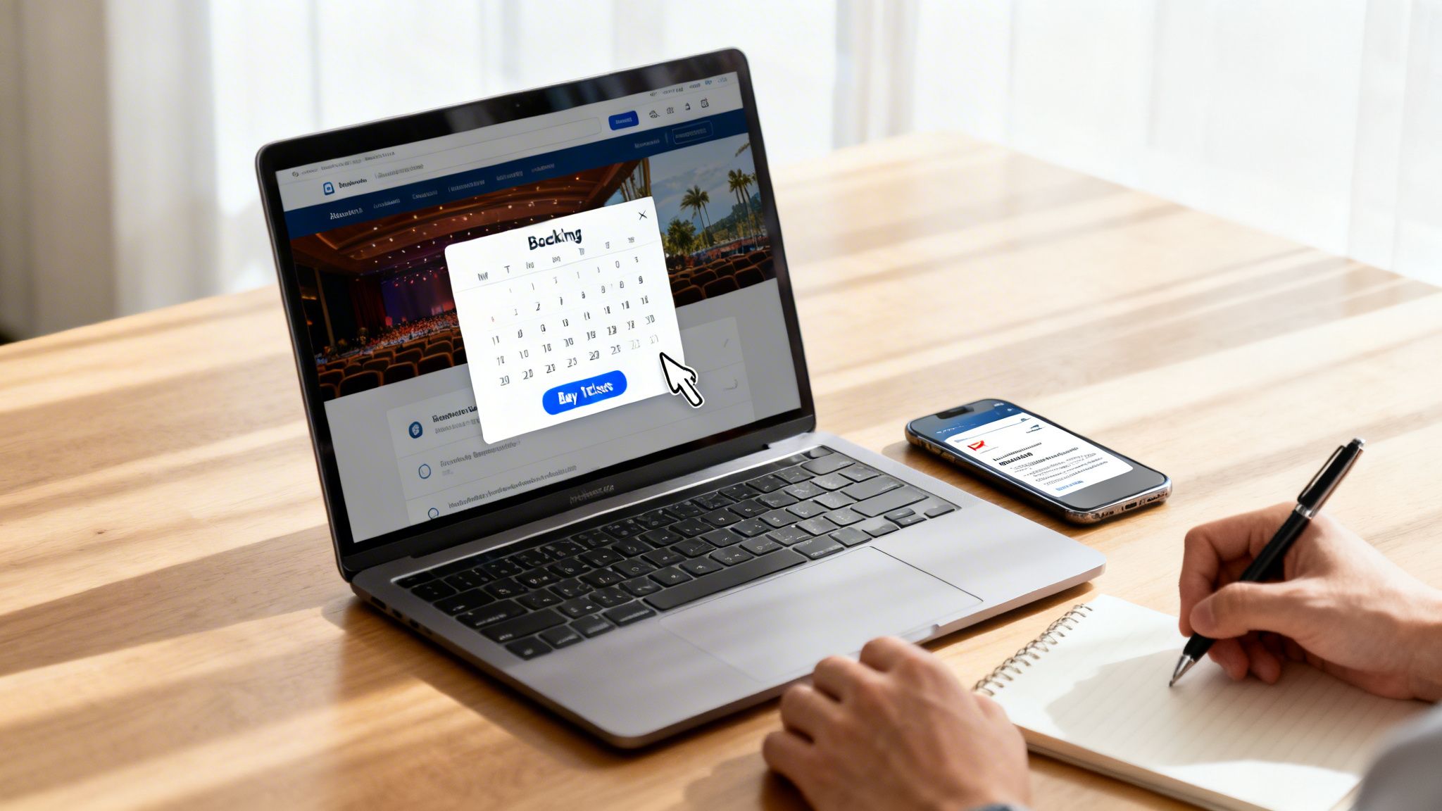A person uses a laptop to book tickets online, viewing a calendar, and writing notes.