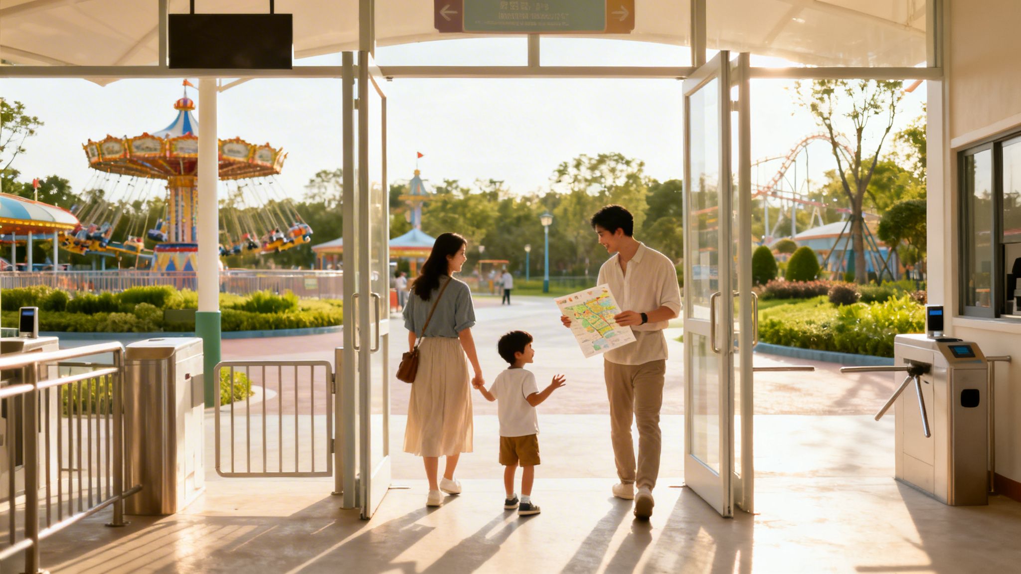 Family with child holding a map entering a vibrant amusement park entrance with rides.