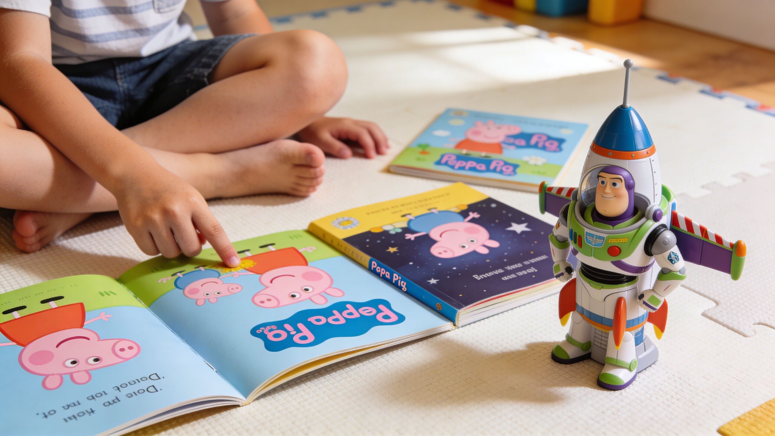 A child sits on a mat reading a Peppa Pig book with a Buzz Lightyear toy nearby.