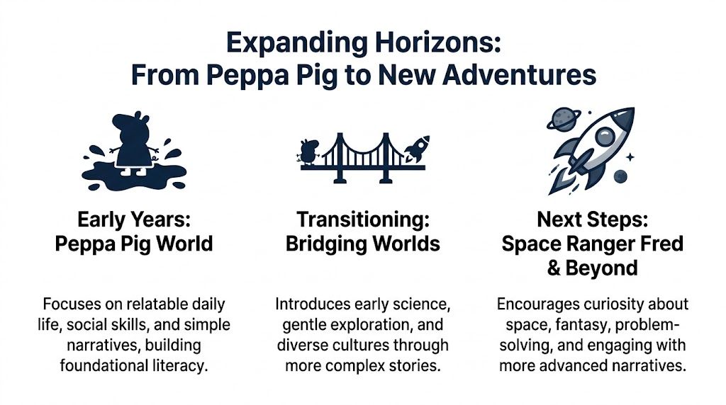 A diagram illustrating the growth from Peppa Pig to advanced storytelling with Space Ranger Fred.