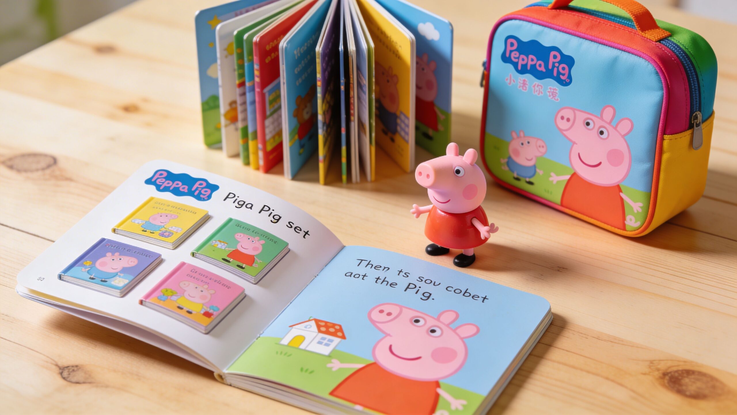 A Peppa Pig children's book set with a small figurine and a colorful bag on a wooden table.