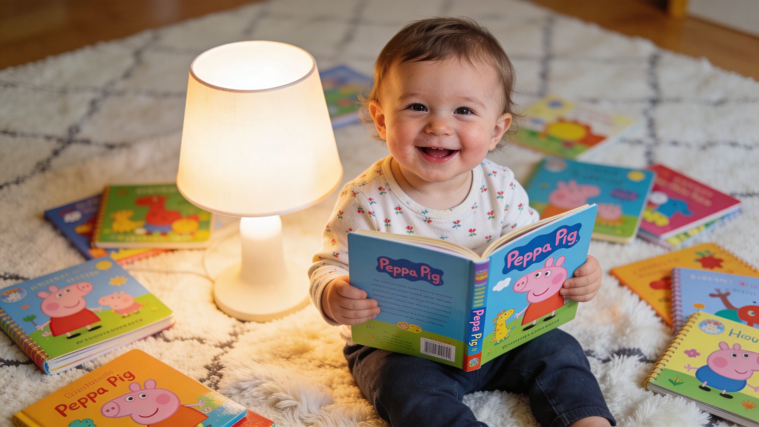 A happy toddler smiles while reading a Peppa Pig book surrounded by several other Peppa Pig storybooks.