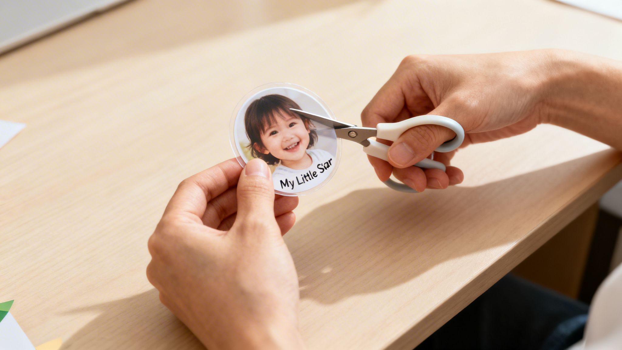 A person carefully uses scissors to cut a circular photo of a child labeled My Little Star.
