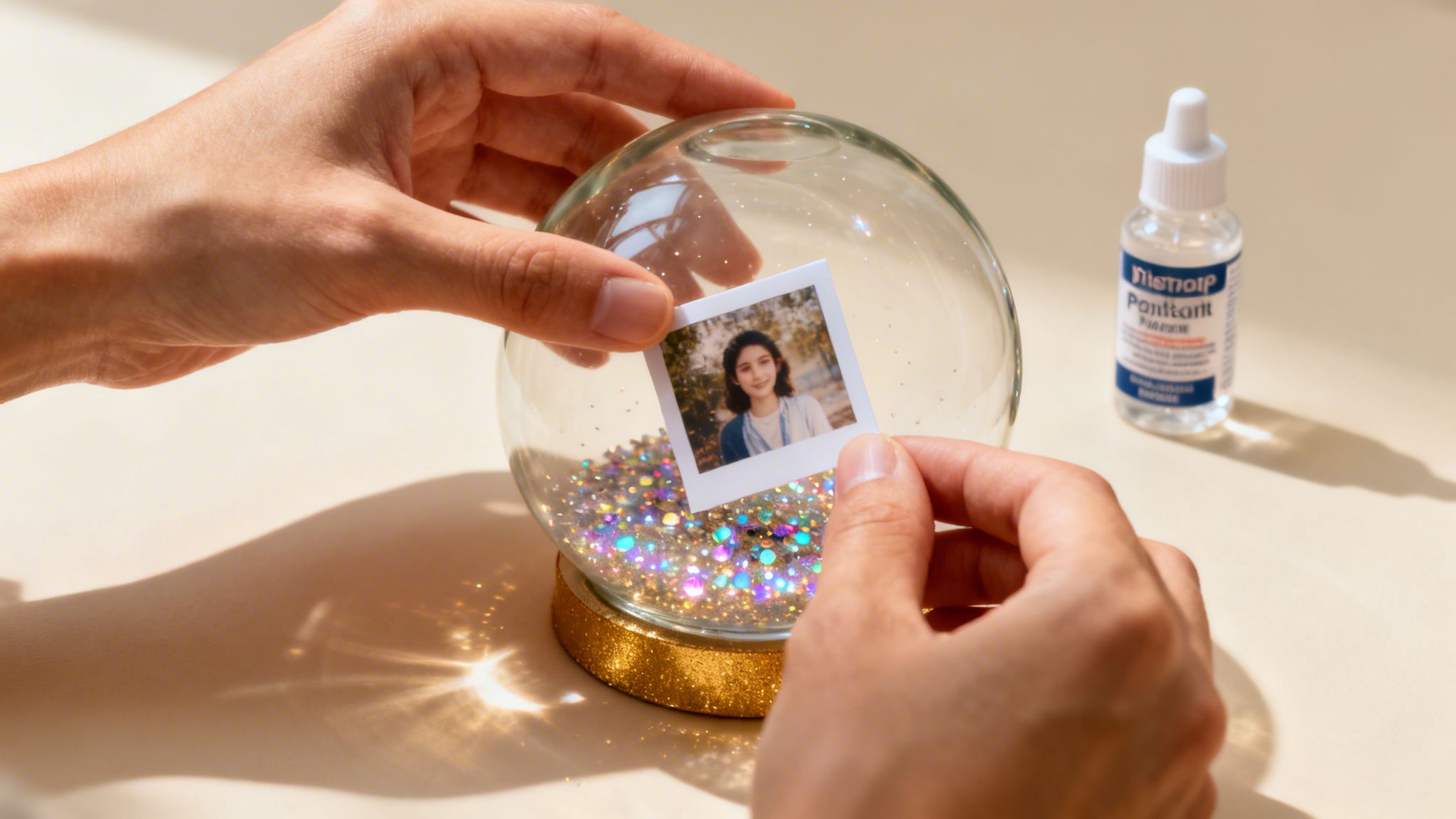 A person holding a small instant photo carefully while placing it into a glittery glass snow globe.