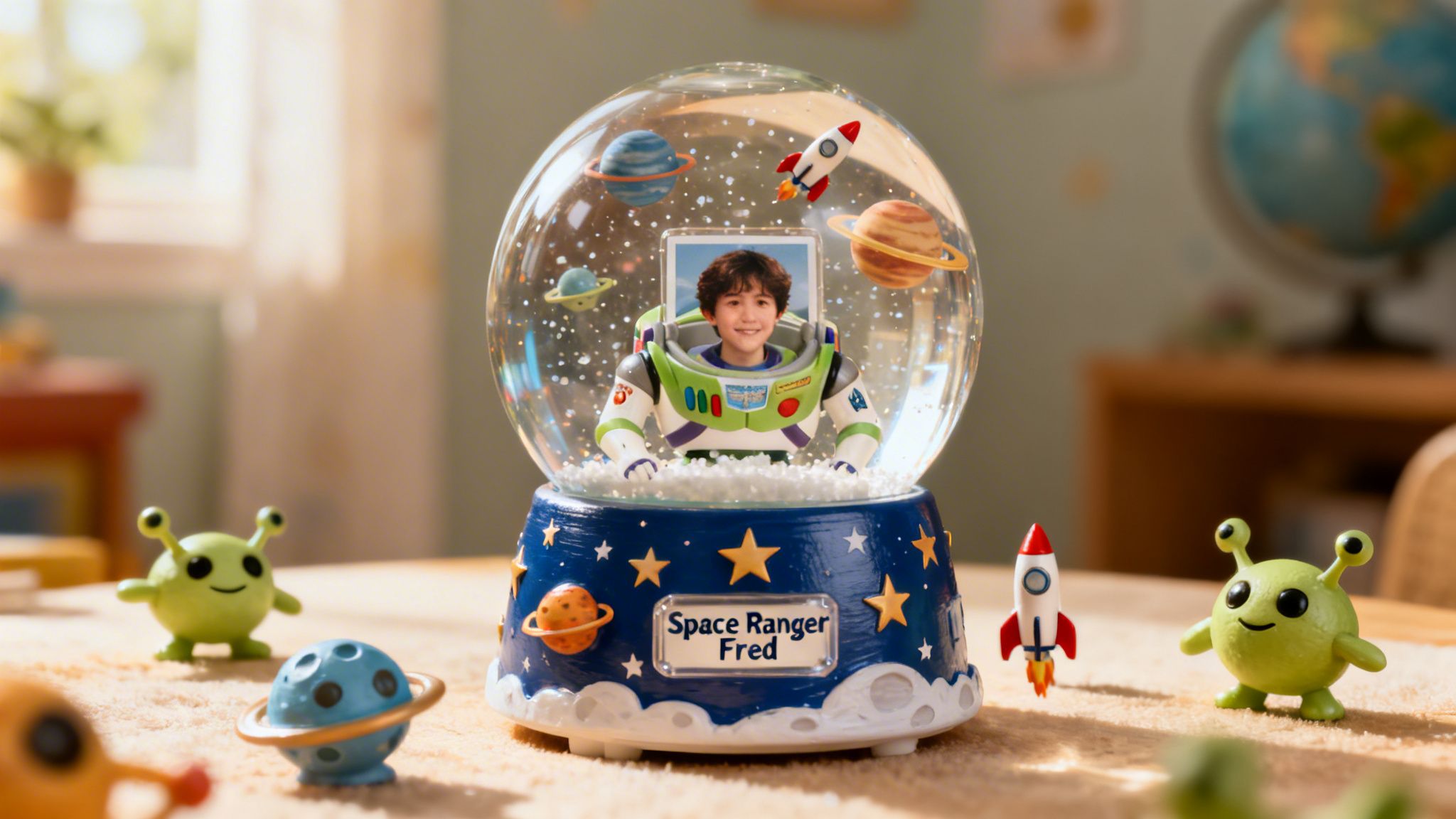 A custom snow globe features a child's photograph inside a Buzz Lightyear suit with space decorations.
