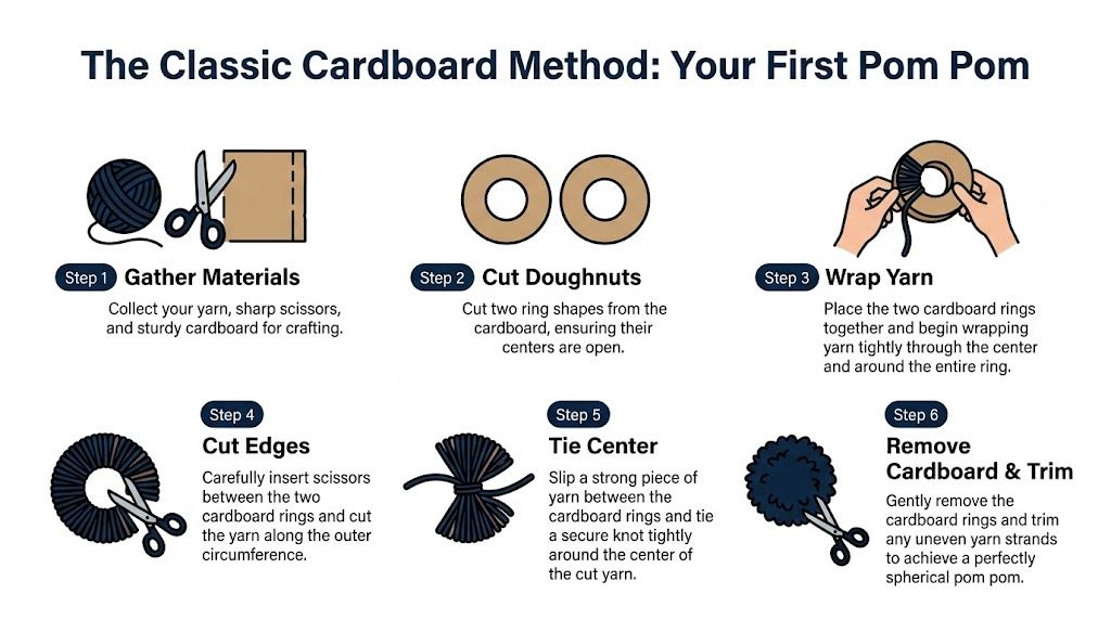 A six-step instructional infographic showing how to create a homemade pom pom using cardboard rings.