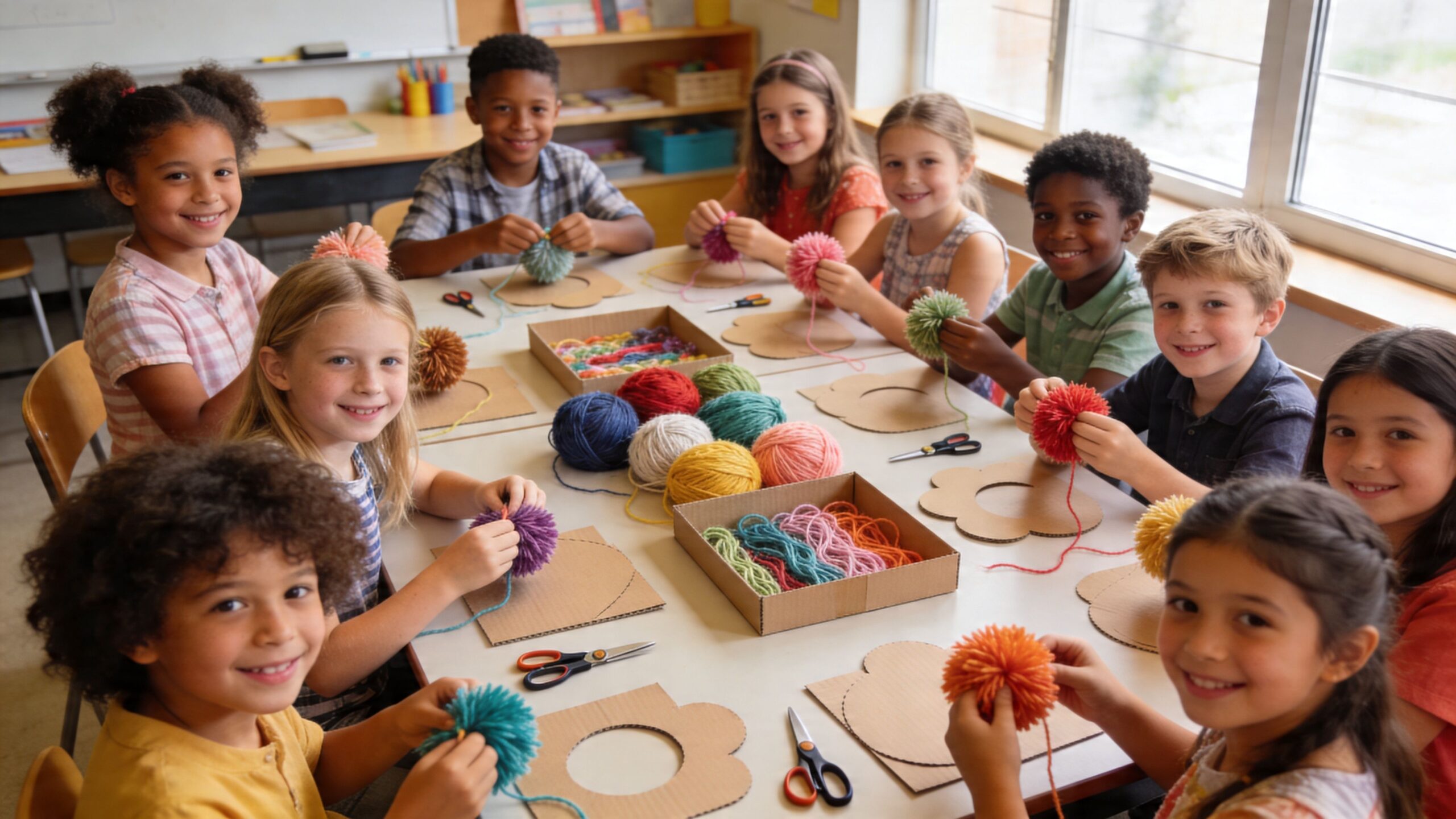 A diverse group of elementary school children smiling while making colorful yarn pom poms in a classroom.