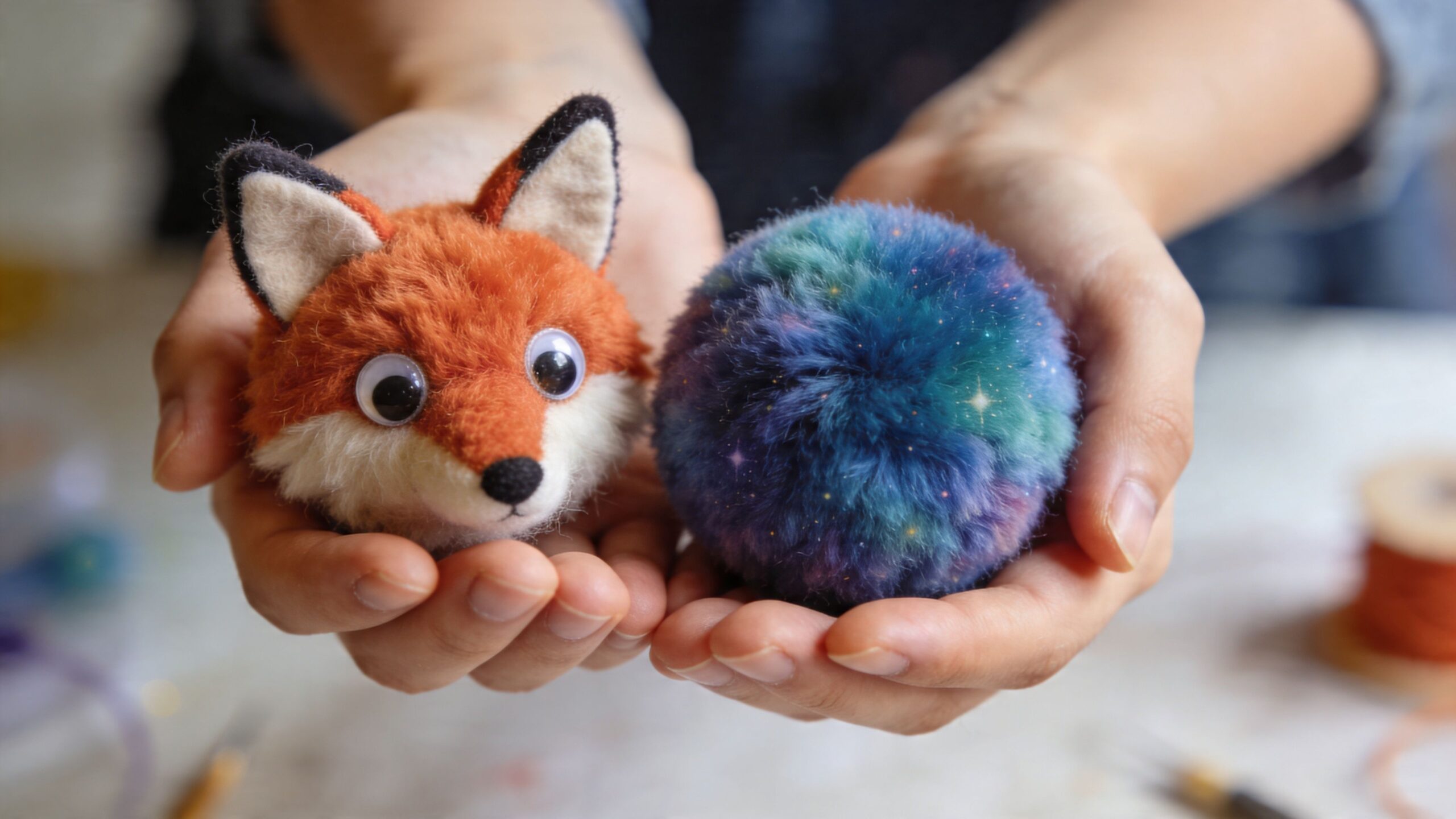 A person holding a handcrafted fox pom pom and a galaxy themed pom pom in their hands.