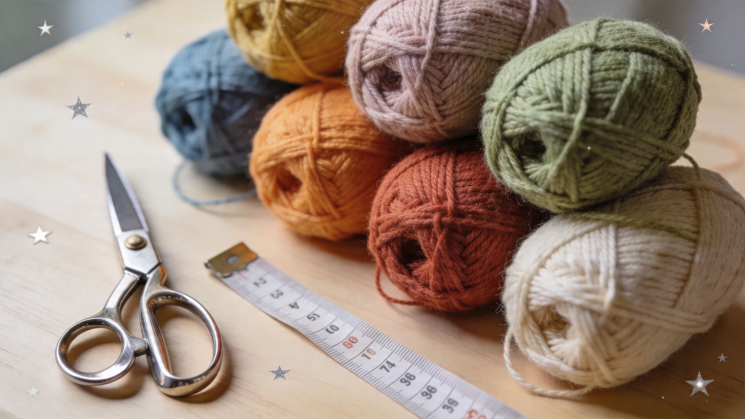A collection of colorful yarn balls next to silver scissors and a white tape measure on wood.