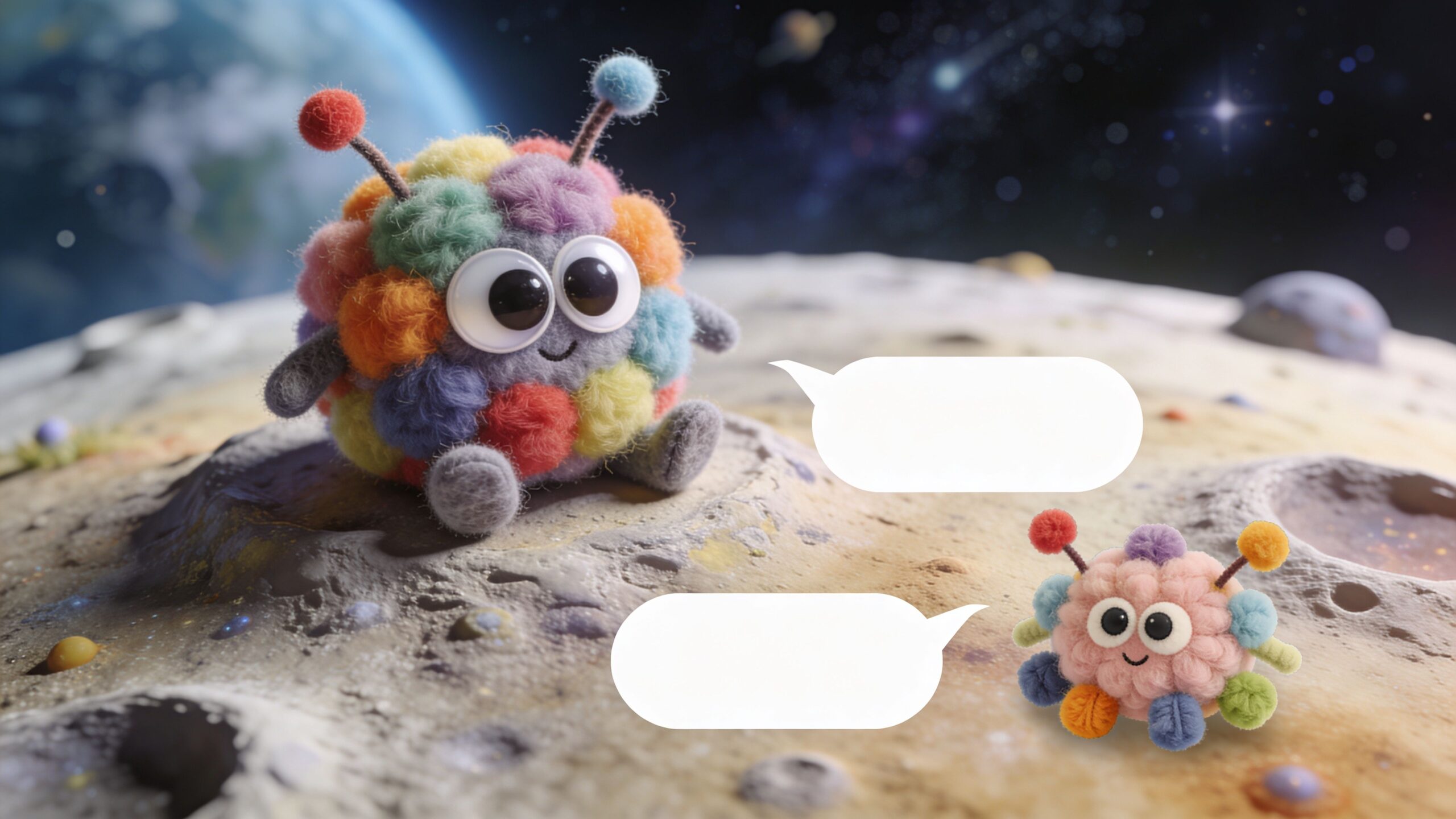 Two colorful pom pom creature characters sitting on the moon surface with blank speech bubbles above.