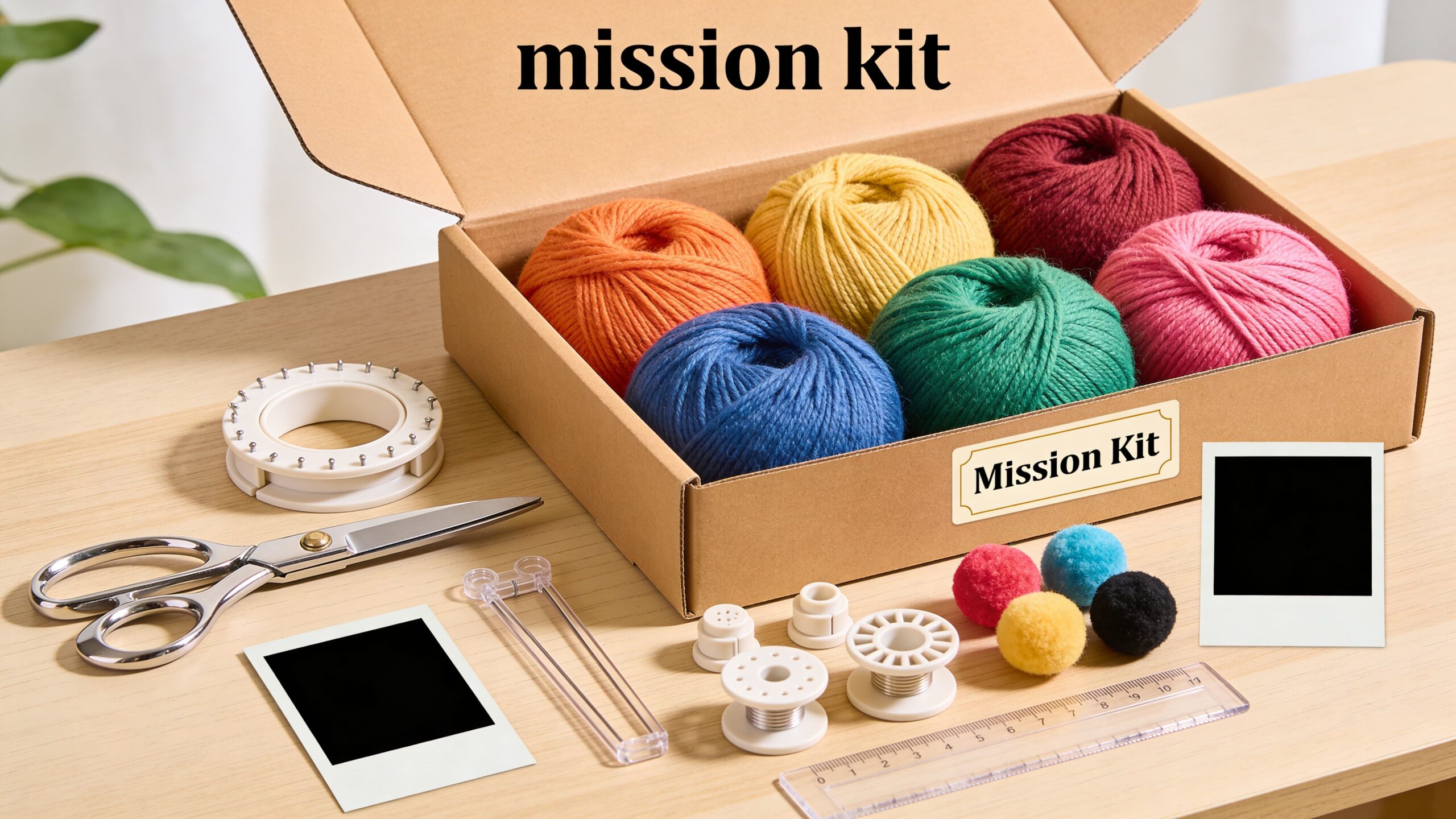 A craft mission kit containing colorful yarn balls, pom poms, scissors, a ruler, and photo frames.