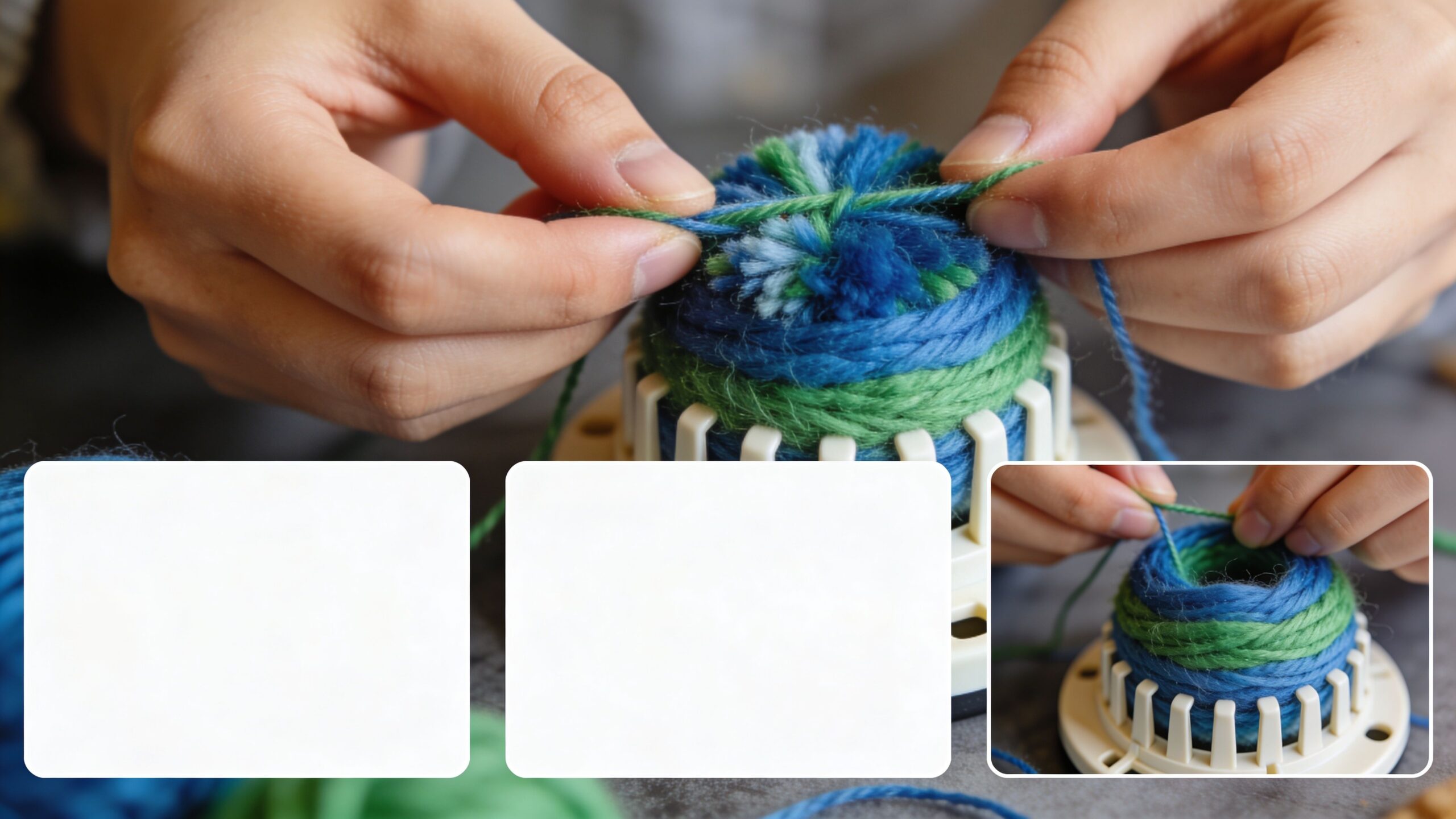 A close-up view of hands using a plastic loom tool to craft a handmade blue and green pom pom.