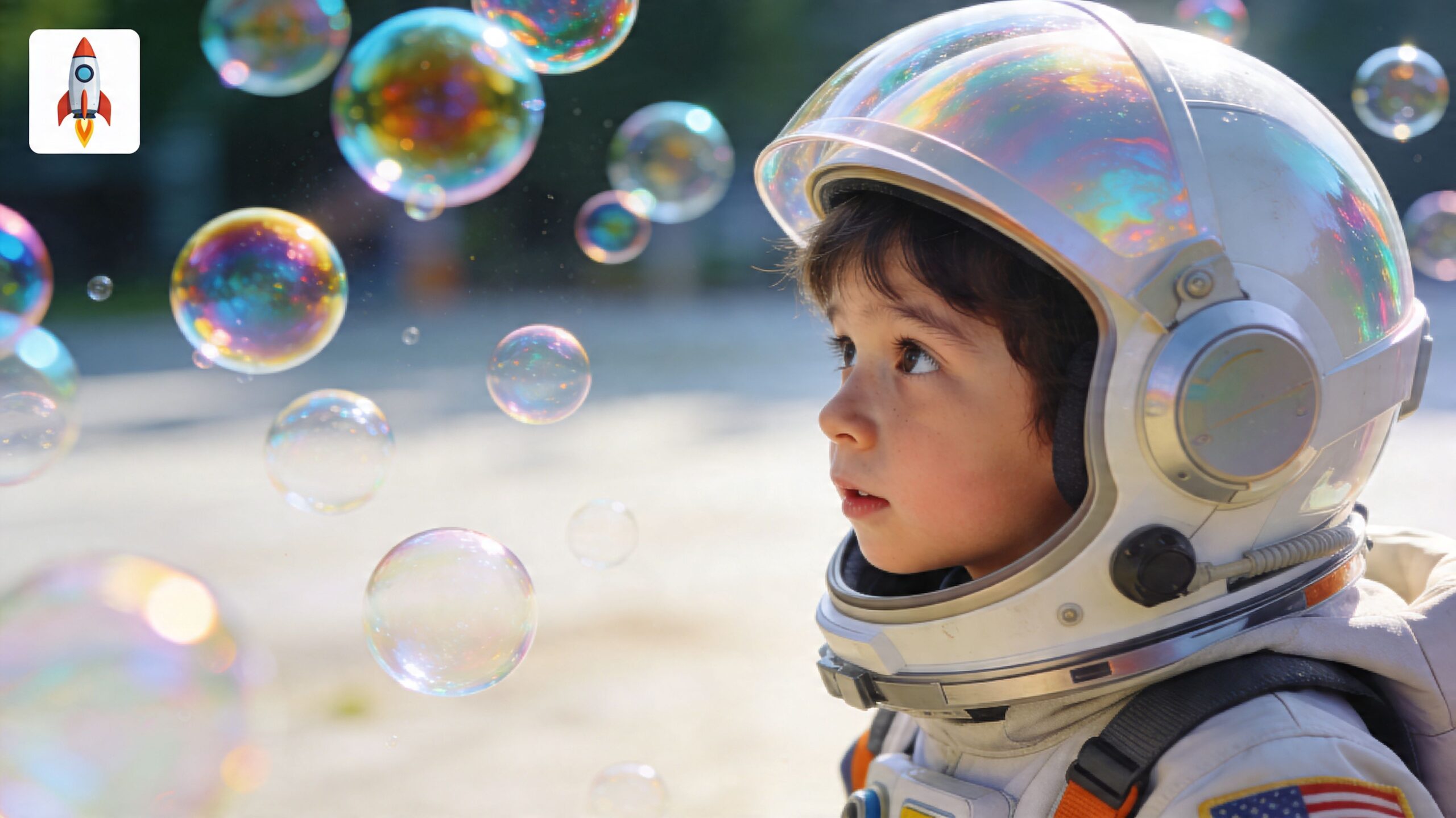 A young child wearing an astronaut helmet gazes curiously at colorful, iridescent bubbles floating through the air.