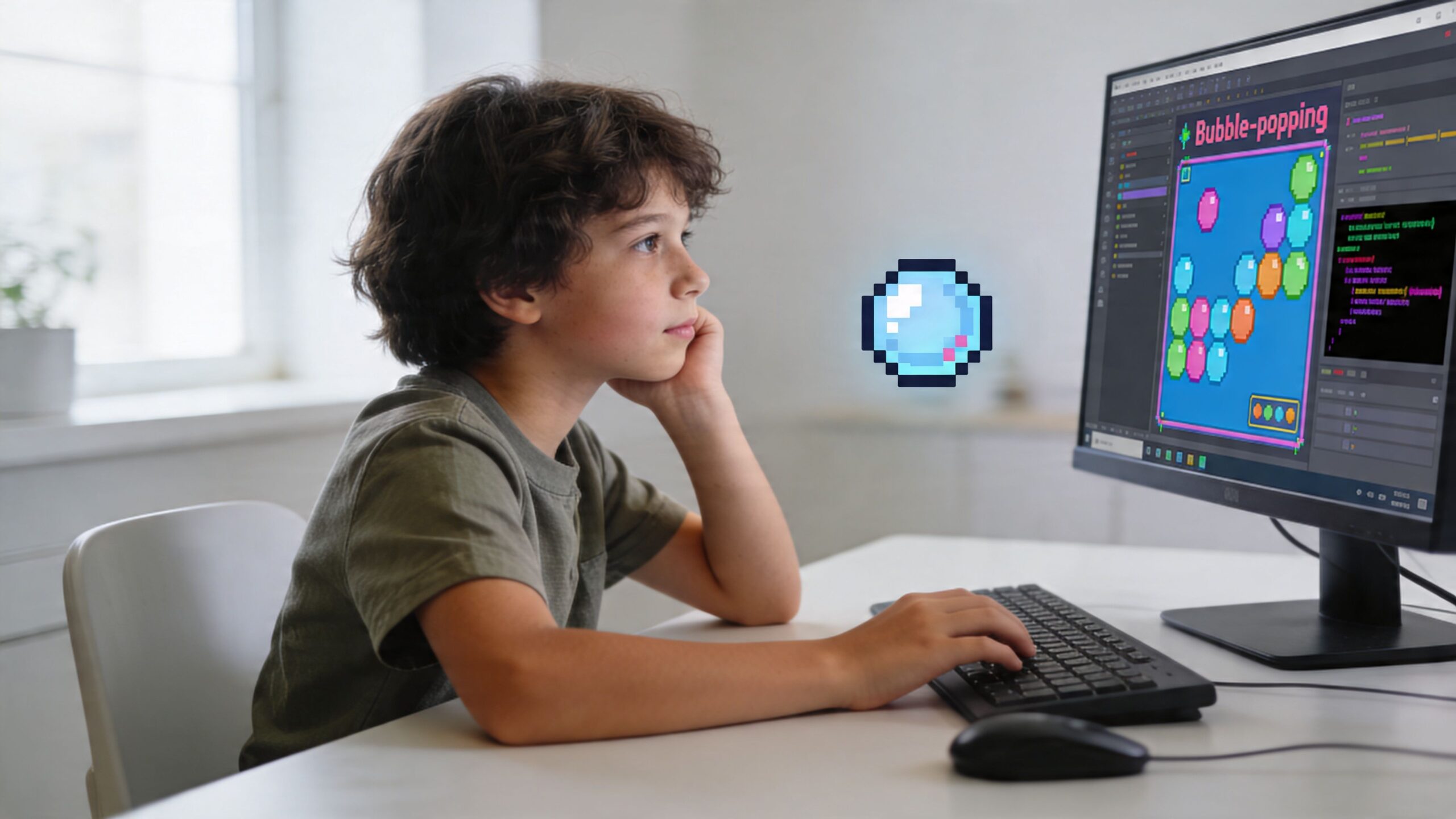 A young boy looking thoughtfully at a computer screen while developing a pixel art bubble popping game.