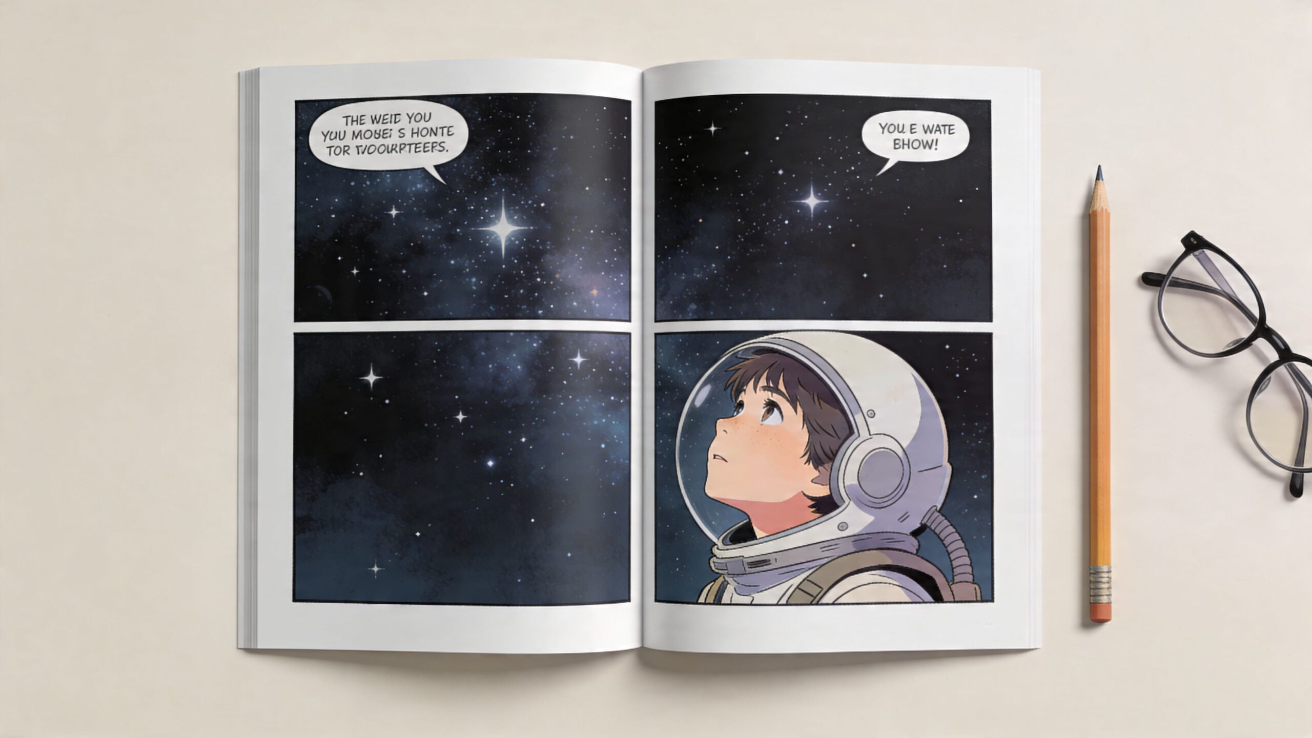 An open comic book page showing an astronaut looking at stars in the night sky next to eyeglasses.