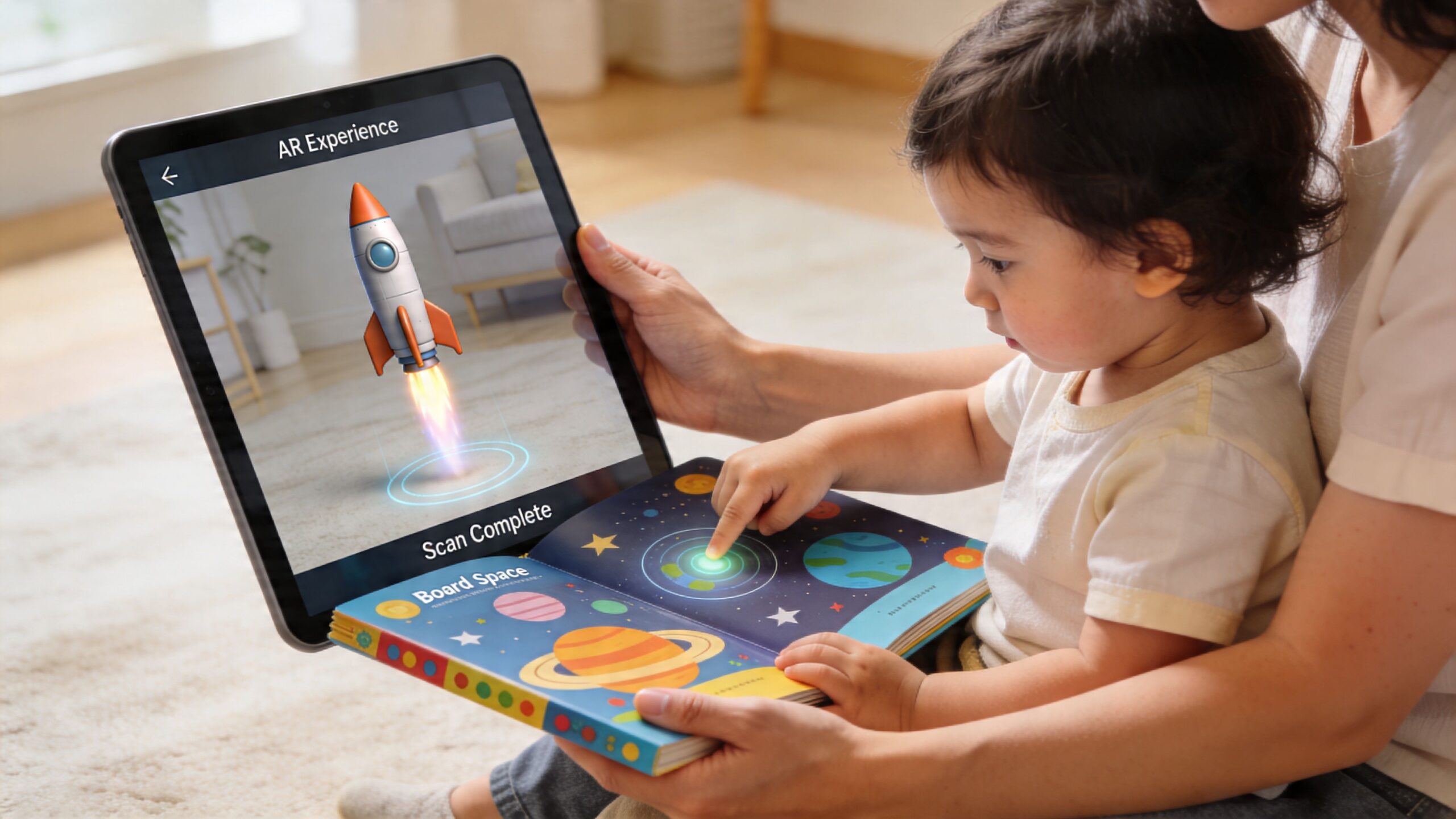 A mother and her young child interacting with an educational space storybook and an interactive tablet device.