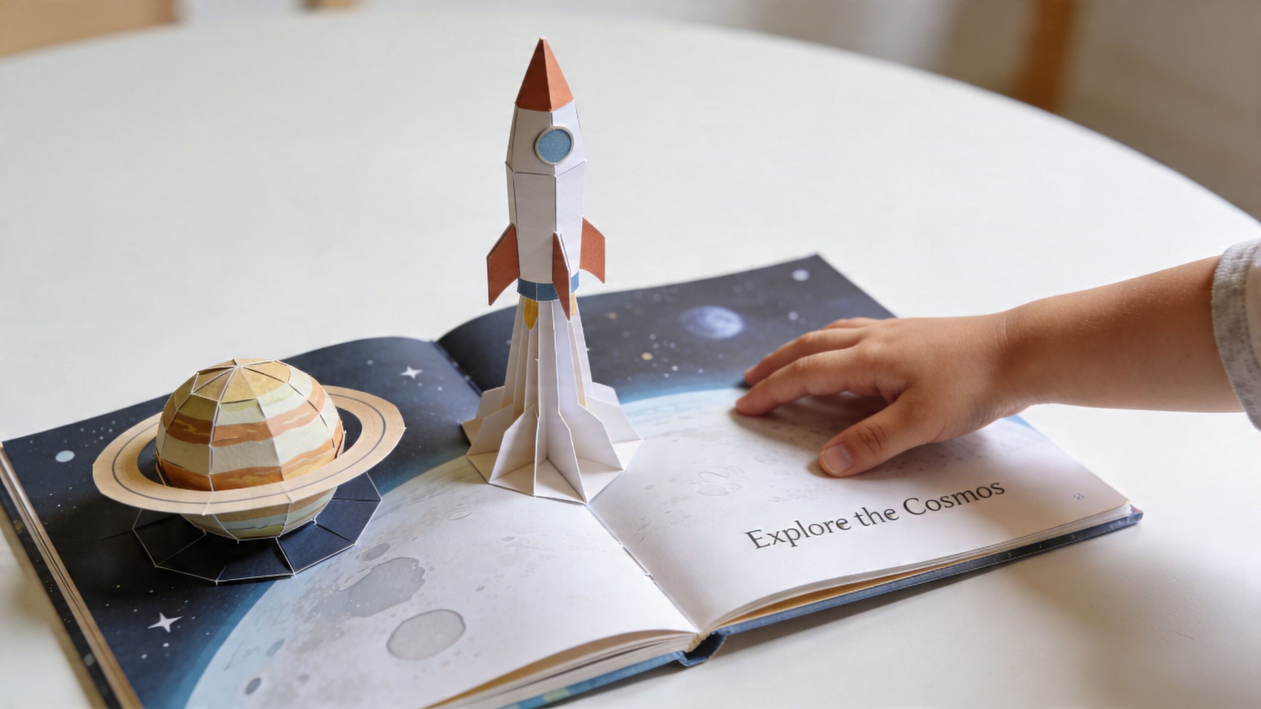 A child's hand reaches toward a pop-up book featuring a paper rocket and planet Saturn on a table.