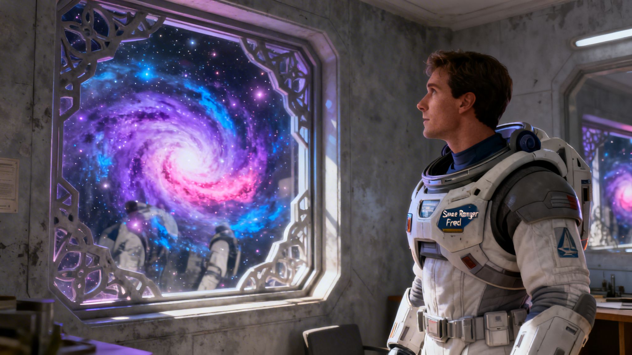 An astronaut wearing a suit with a Space Ranger Fred patch looking out a decorative window at a glowing purple galaxy.
