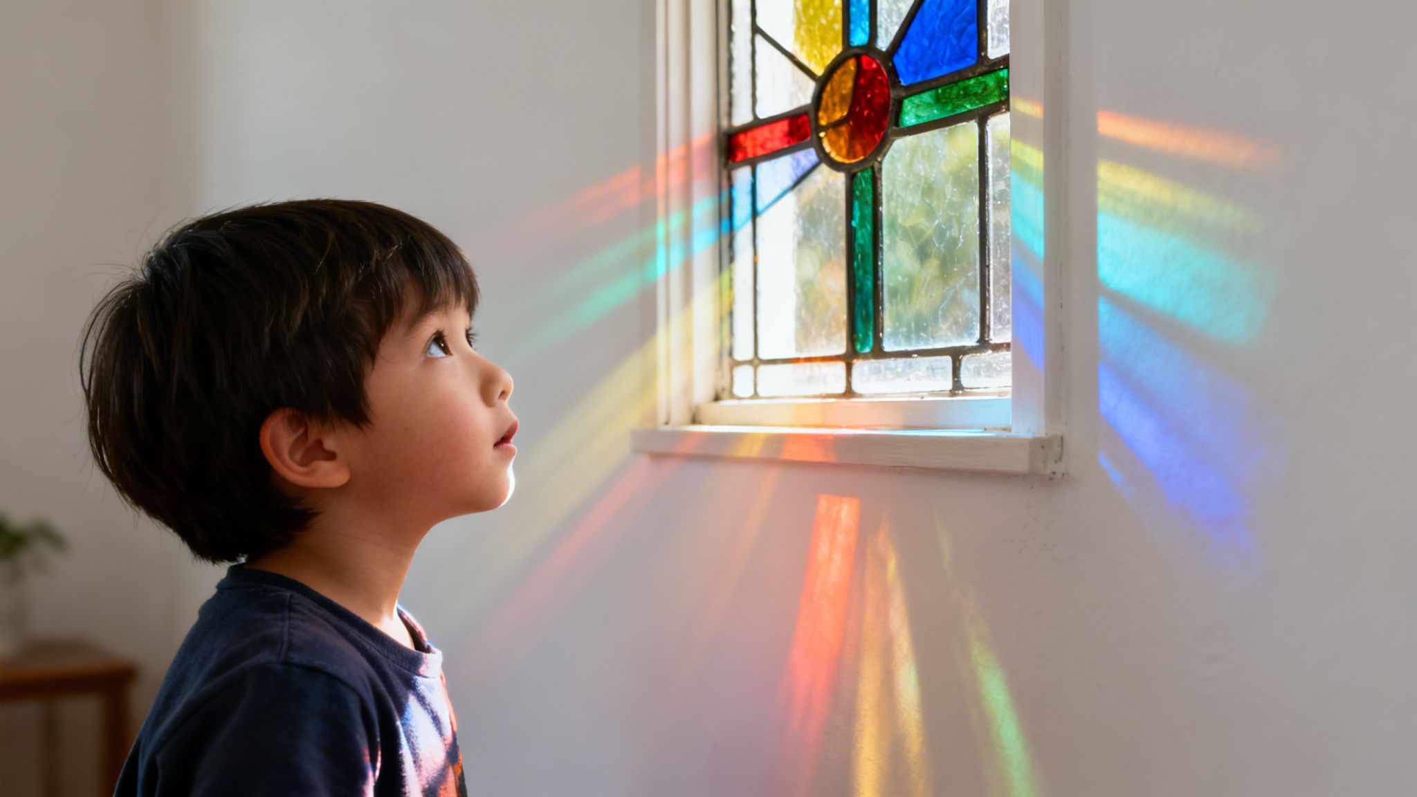 A young boy looking in wonder at beautiful rainbow light reflections cast by a stained glass window.