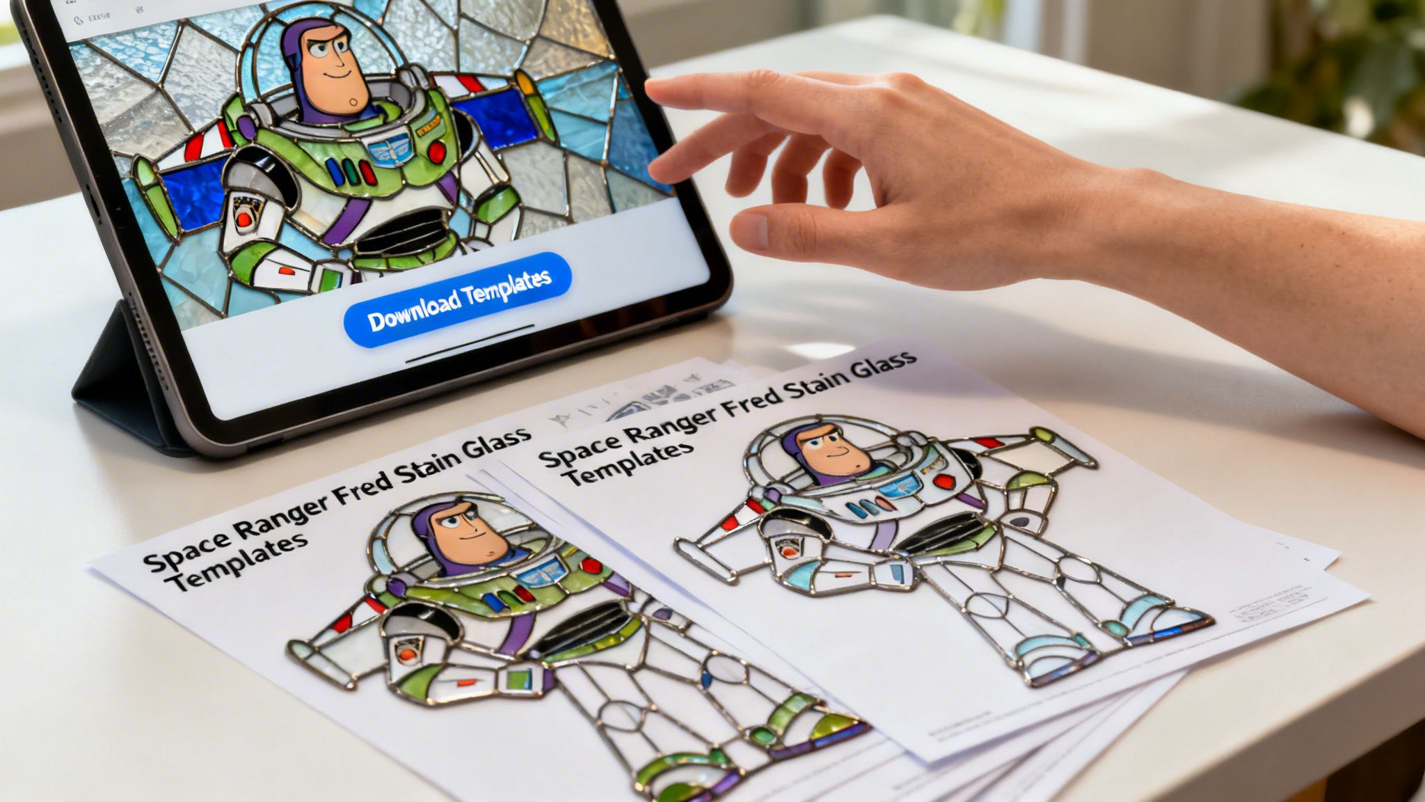 A person uses a tablet to download stained glass window templates of a space ranger character.
