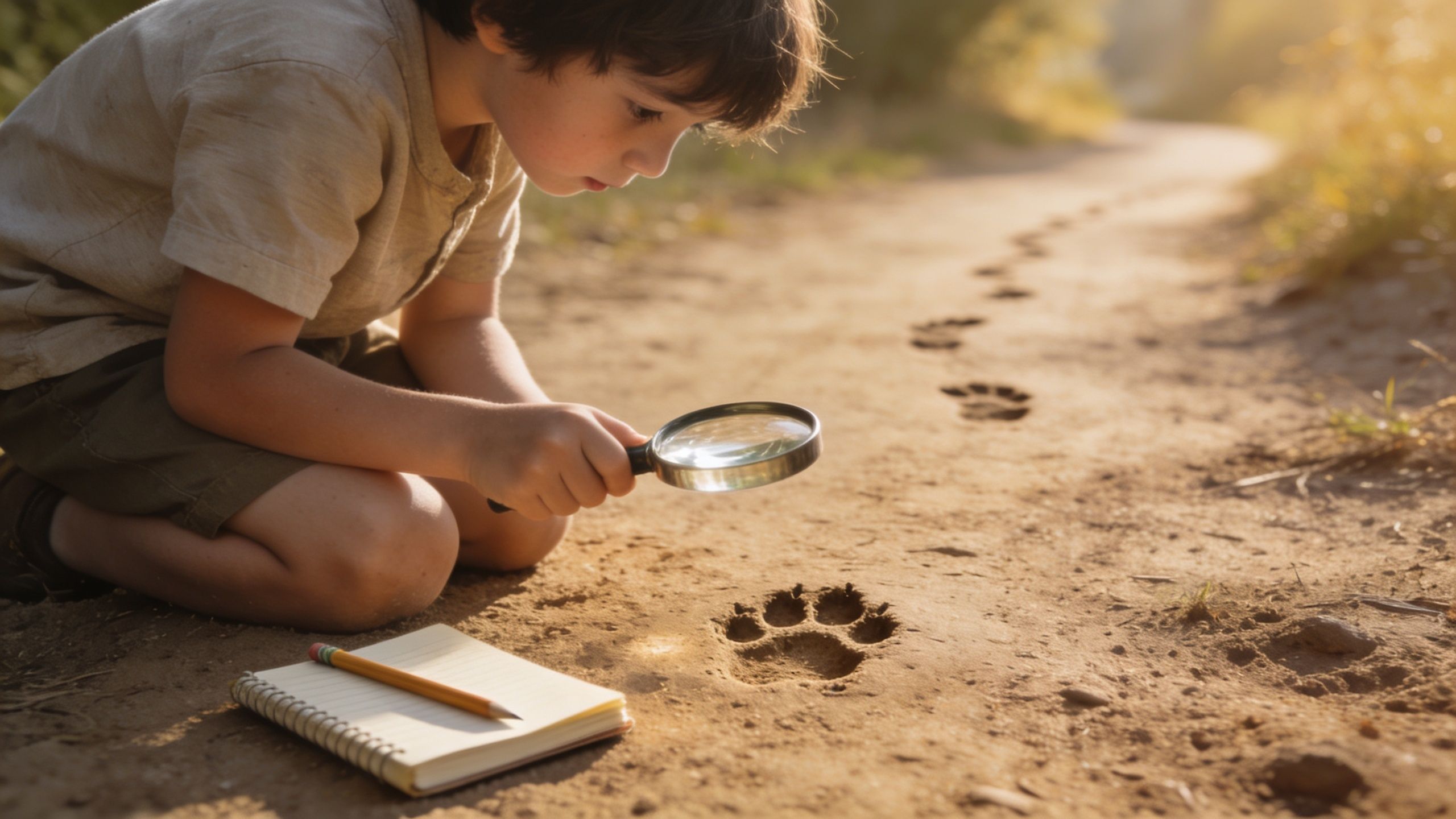 A young boy kneels on a dirt path using a magnifying glass to examine animal tracks.