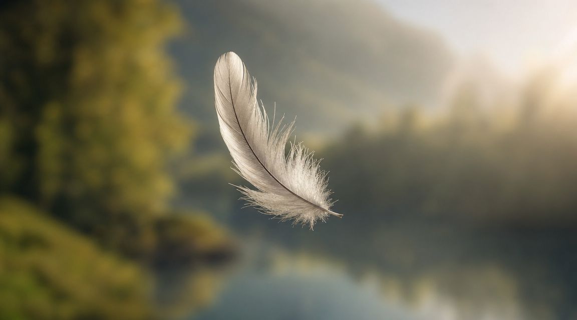 A single white bird feather floating gently in the air against a soft focus, natural outdoor background.