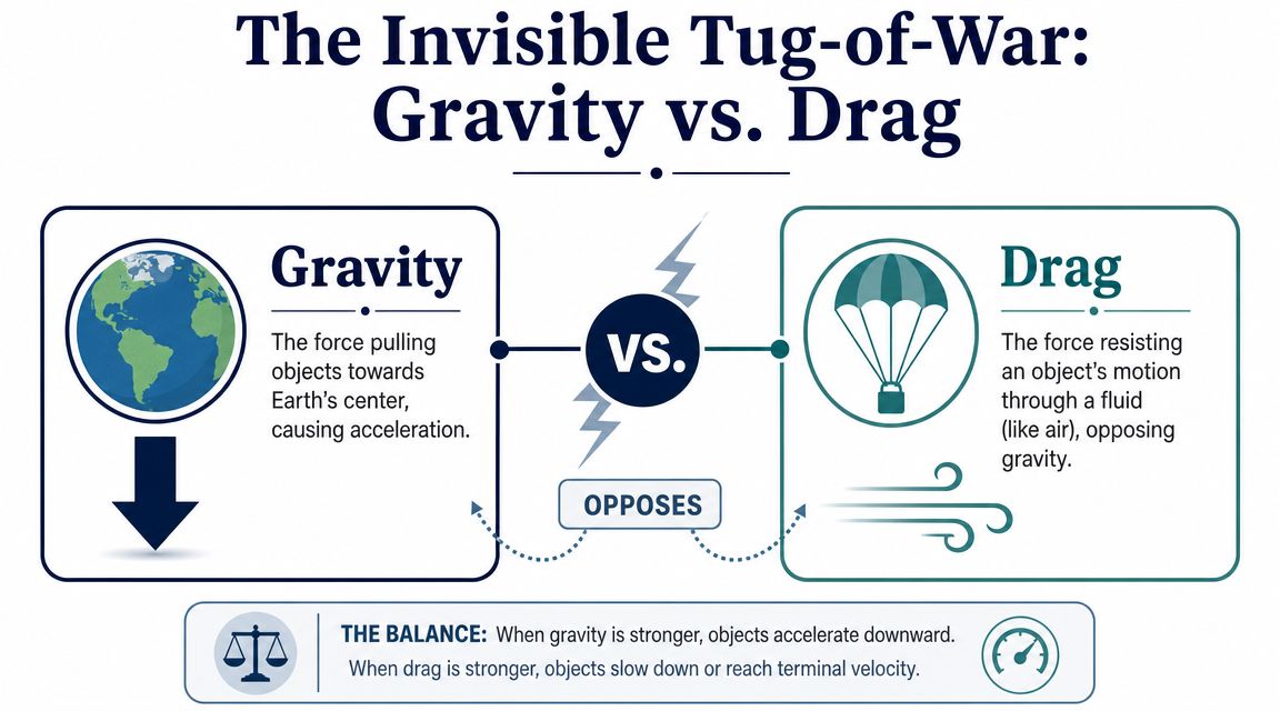 An infographic showing the tug-of-war between gravity pulling objects down and drag resisting their motion through air.