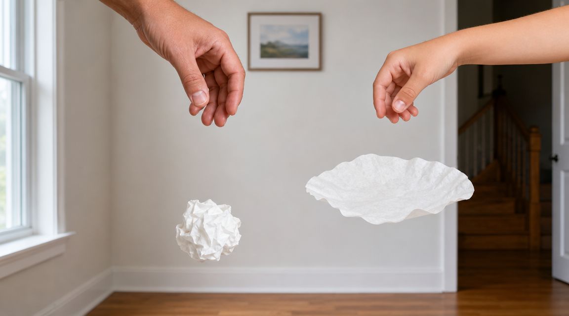 A hand drops a crumpled paper ball while the other drops a flat coffee filter in air.