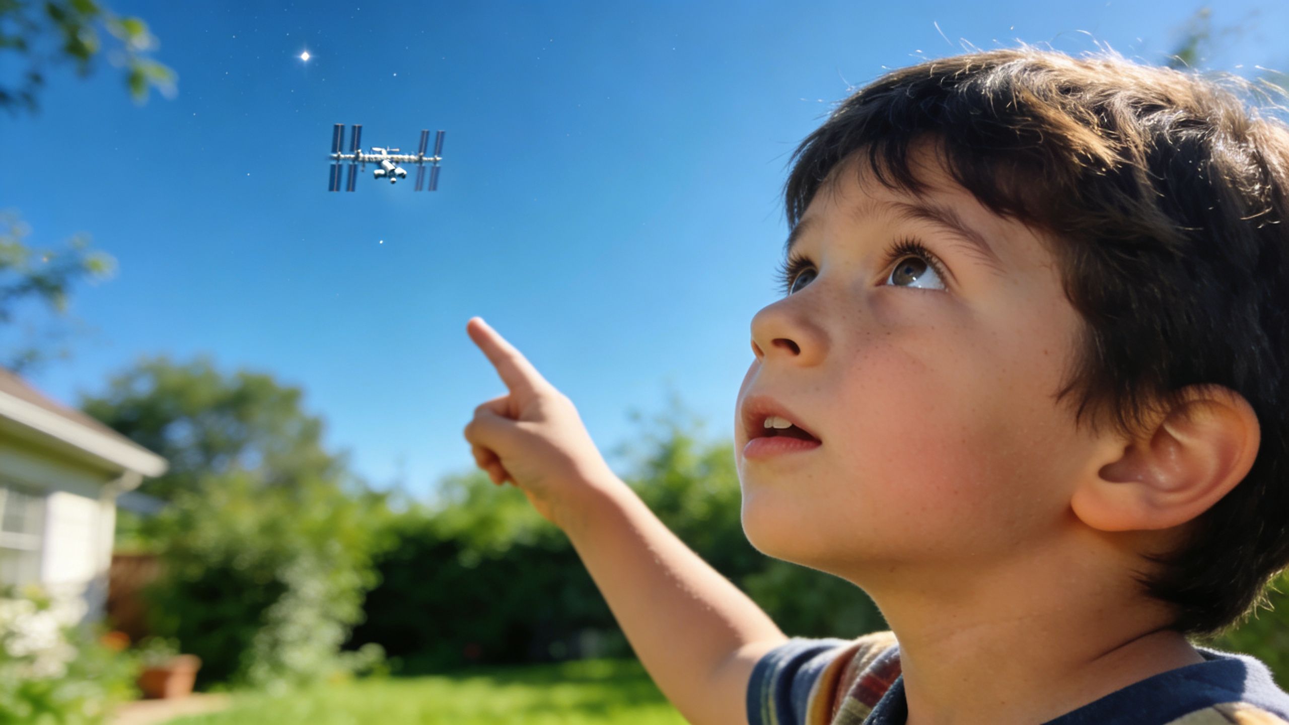 A young boy looking up at the sky and pointing at the International Space Station above.