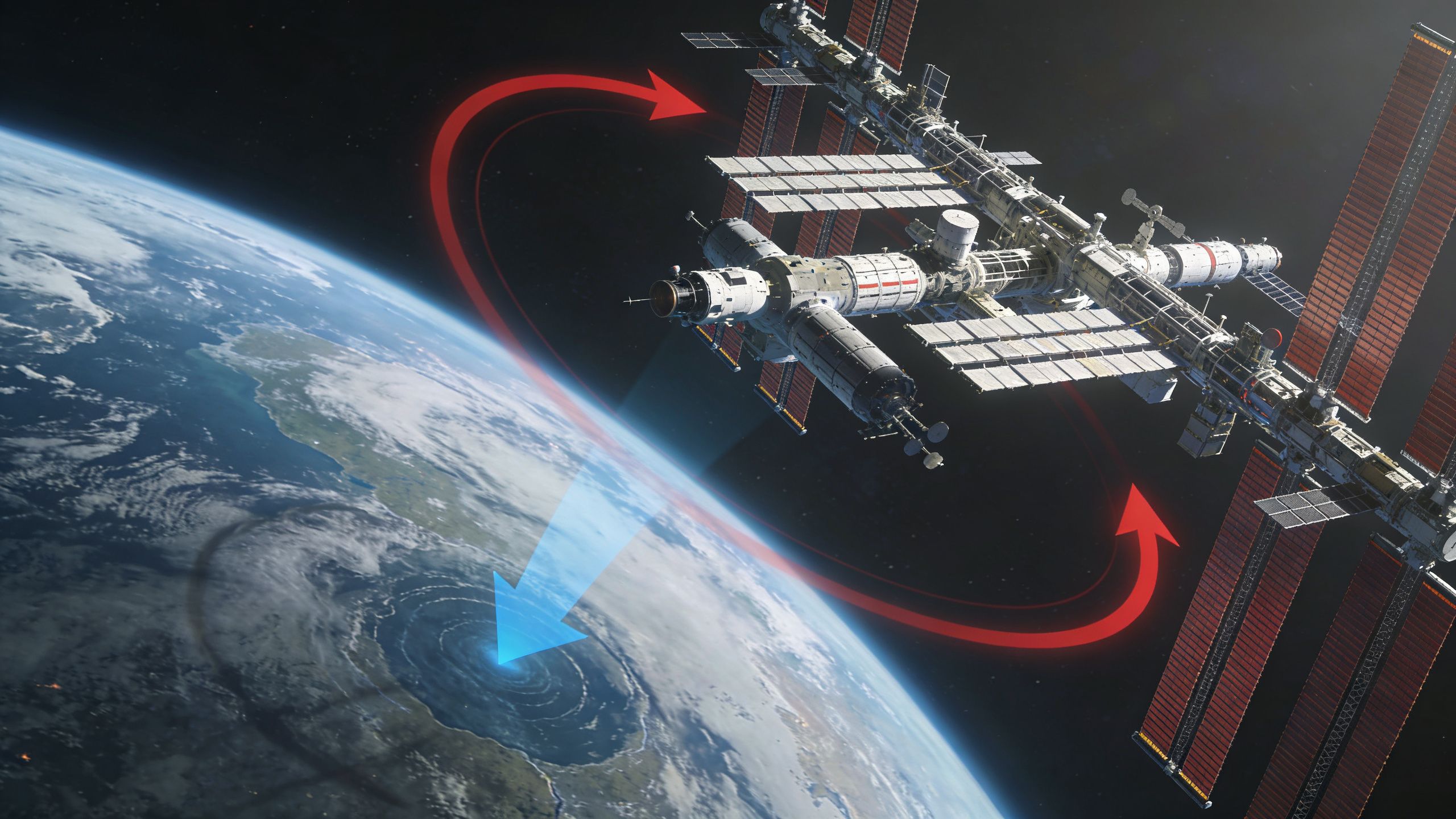A space station orbiting high above Earth with red directional arrows and a blue light beam.