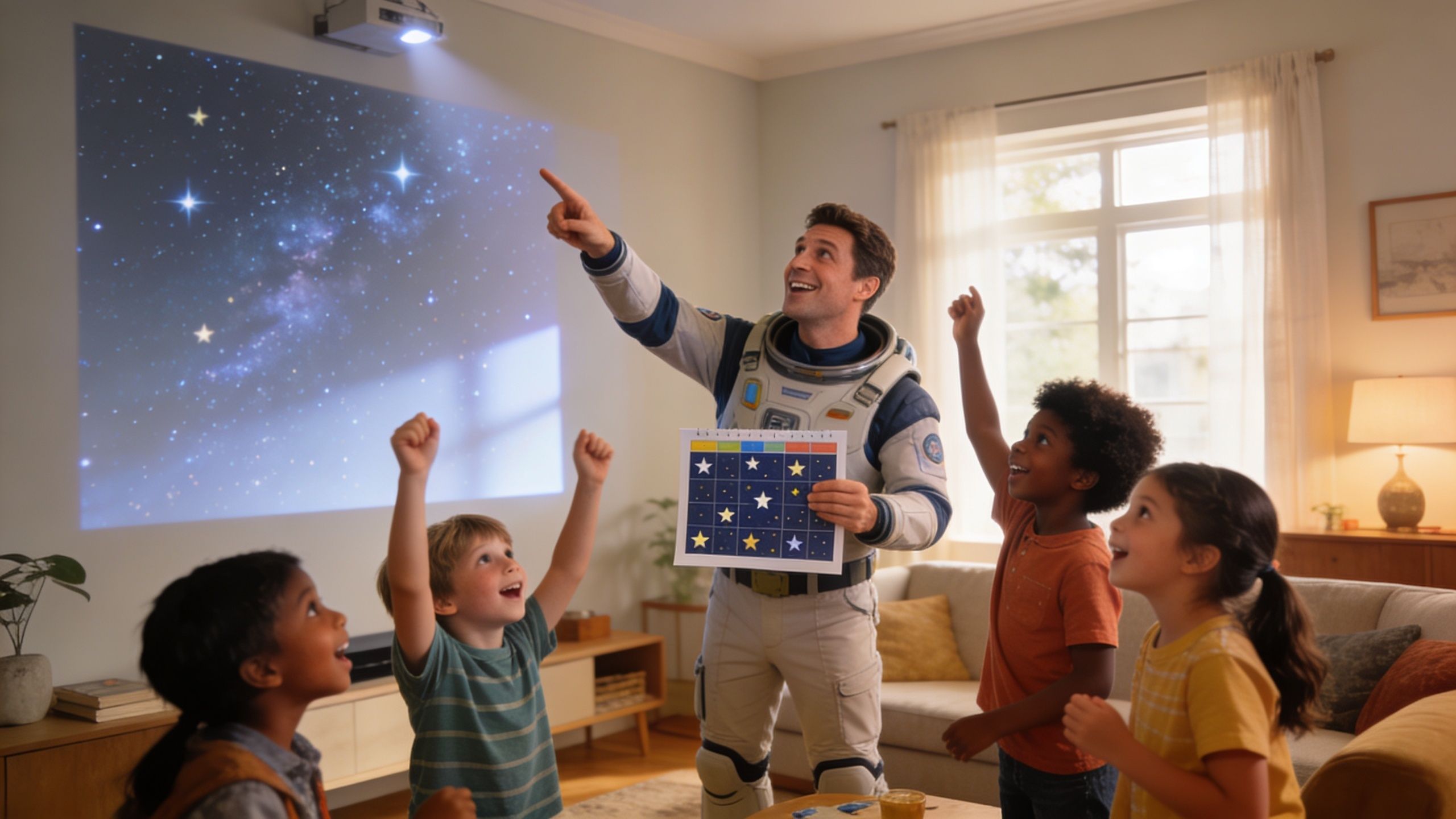 An astronaut in a spacesuit teaching a group of diverse children about space using a star chart.