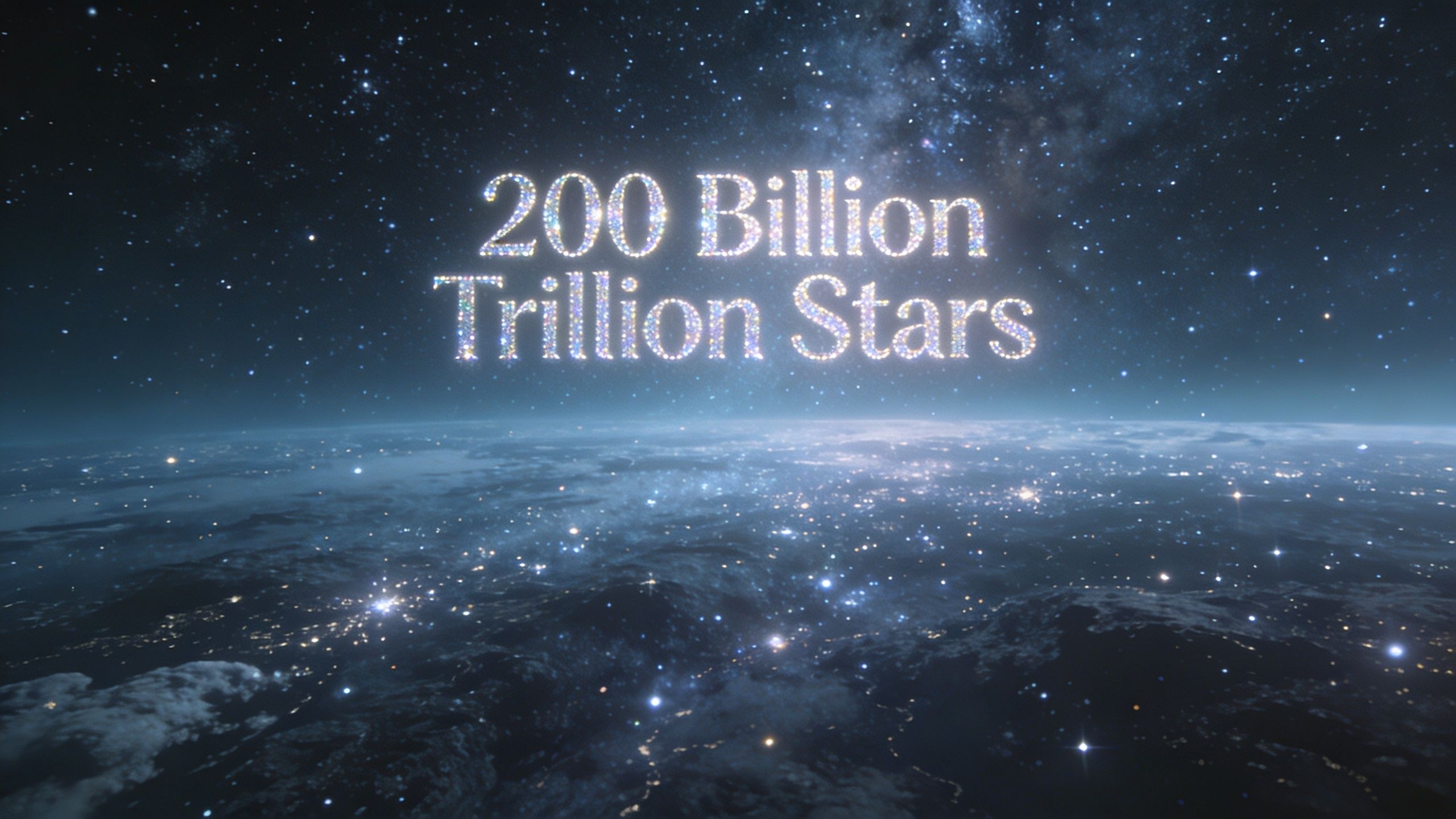 A spectacular view of space featuring glowing text stating 200 Billion Trillion Stars above a starry planet.