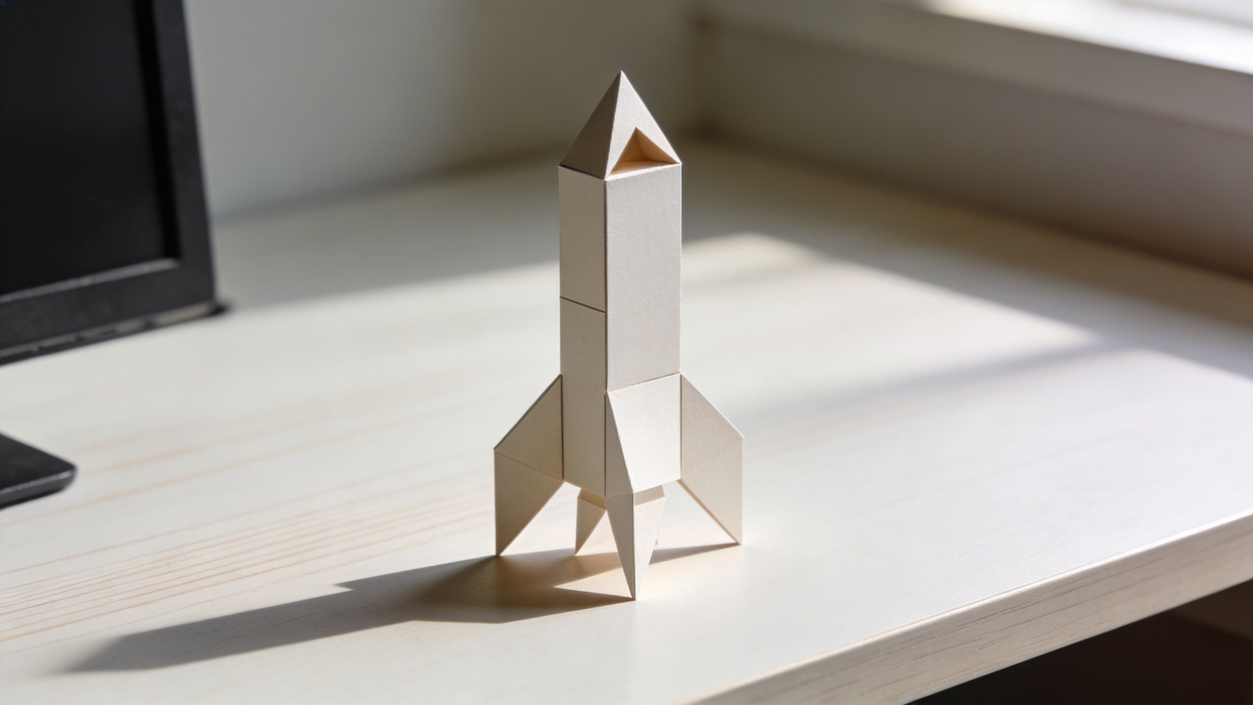 A small minimalist paper craft model of a space rocket standing on a clean wooden desk surface.