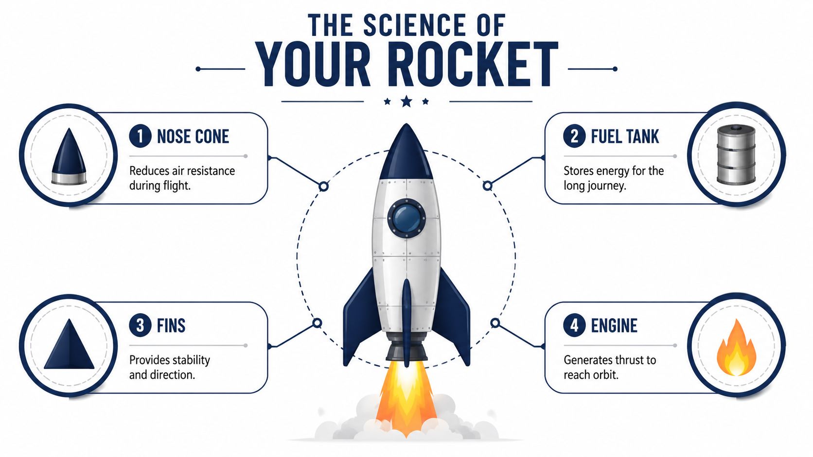 An infographic titled The Science of Your Rocket explaining the four main parts of a rocket.
