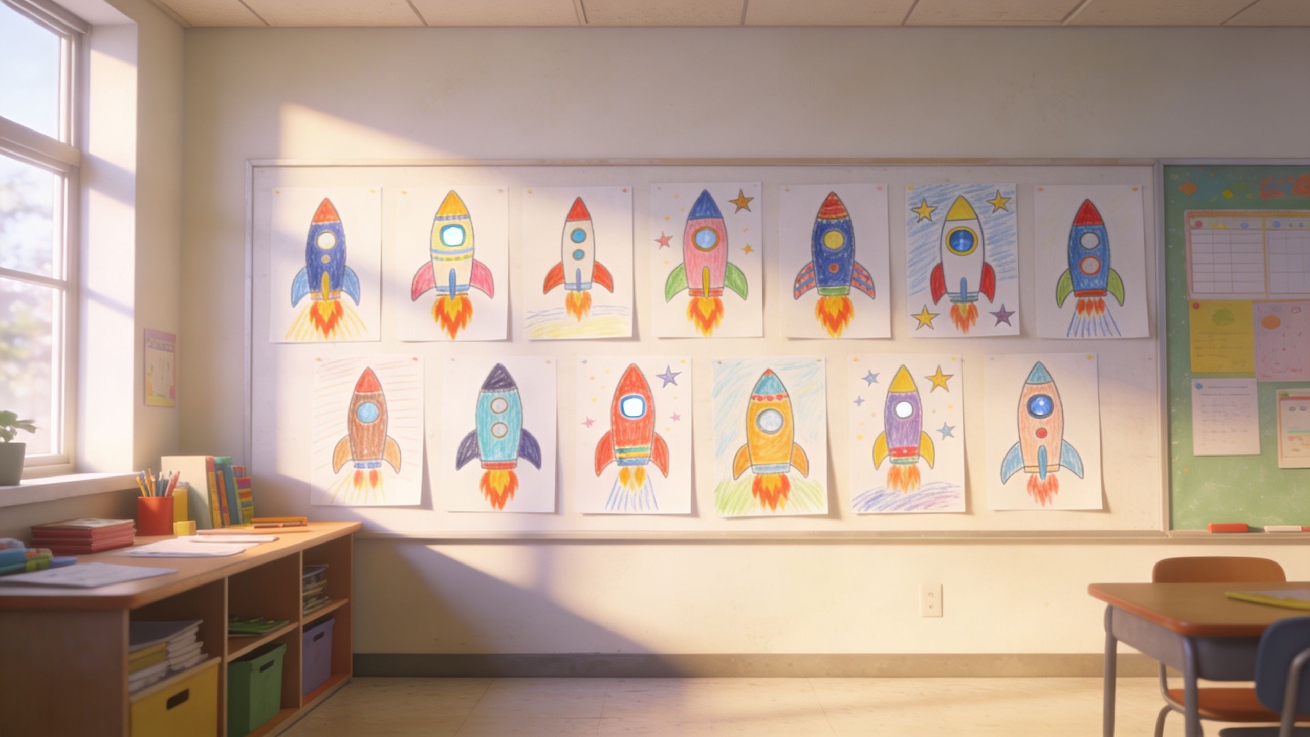 A brightly lit classroom with many children's drawings of space rockets displayed on a whiteboard wall.